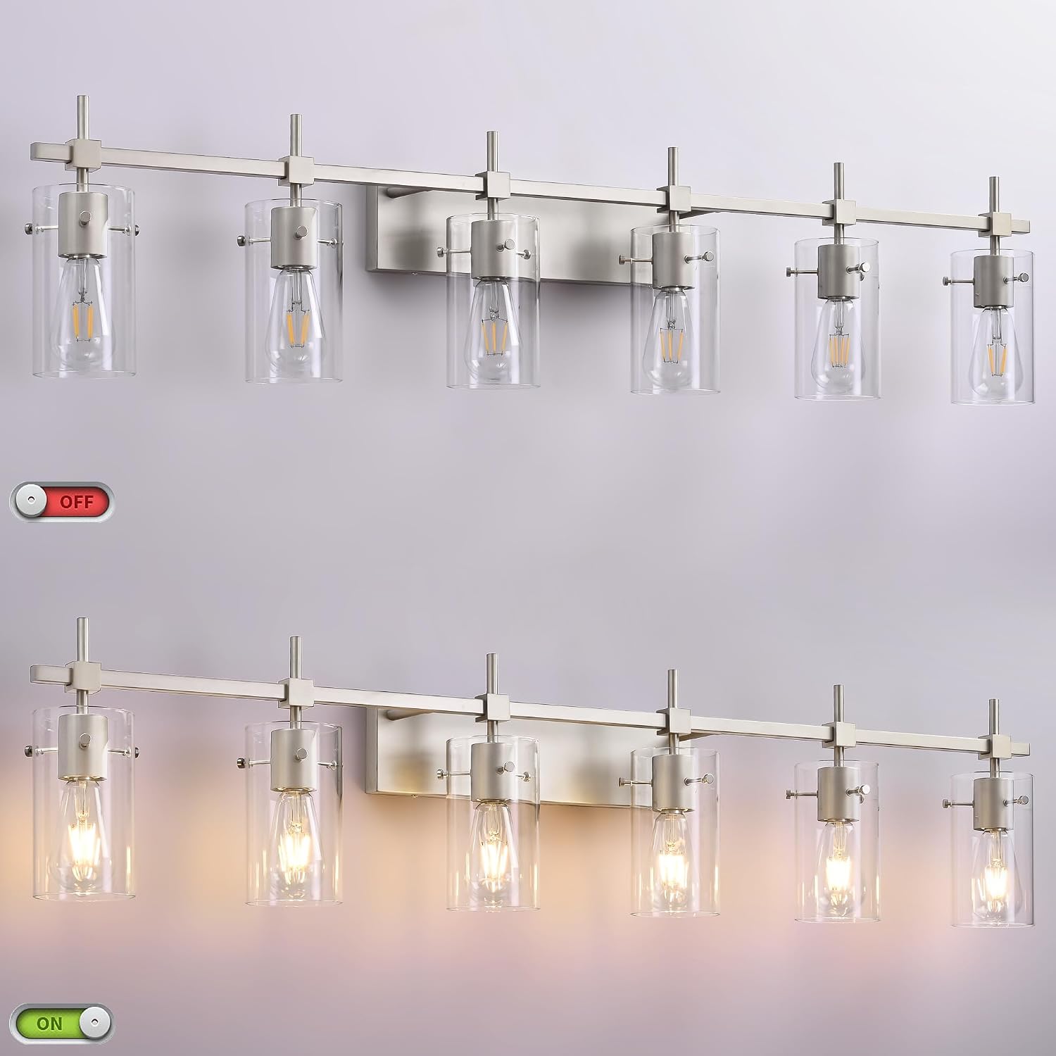 SOLFART 49.2 inch 6 Lights Vanity Light fixtures for Bathroom Vintage Bathroom Light Fixture Brushed Nickel Light Fixtures Above Mirror with Glass Shade (Exclude Bulb)