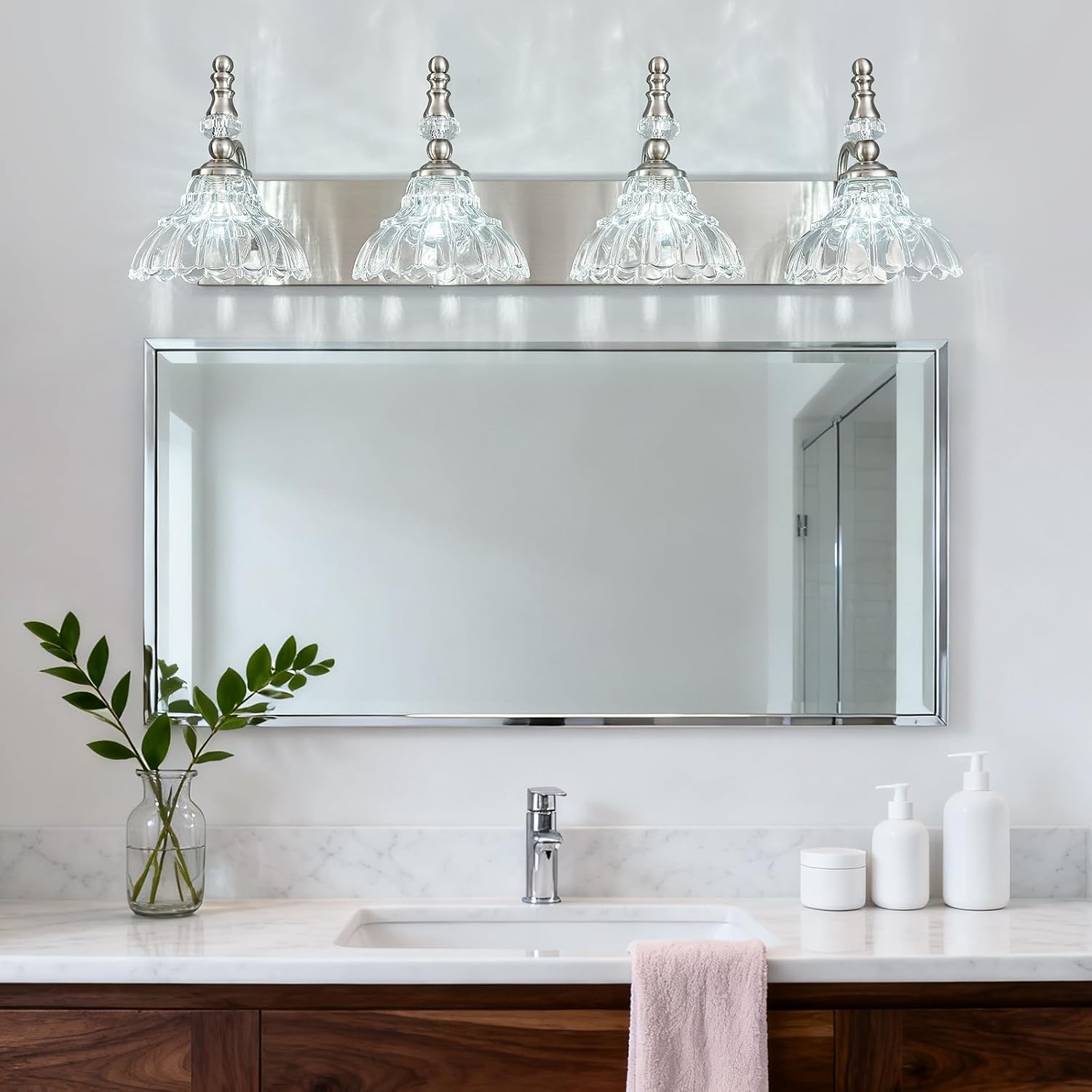 Vintage Bathroom Vanity Light, 4-Light Brushed Nickel Vanity Lighting Fixture with Flower Glass Shade, Bathroom Lighting Fixtures Over Mirror