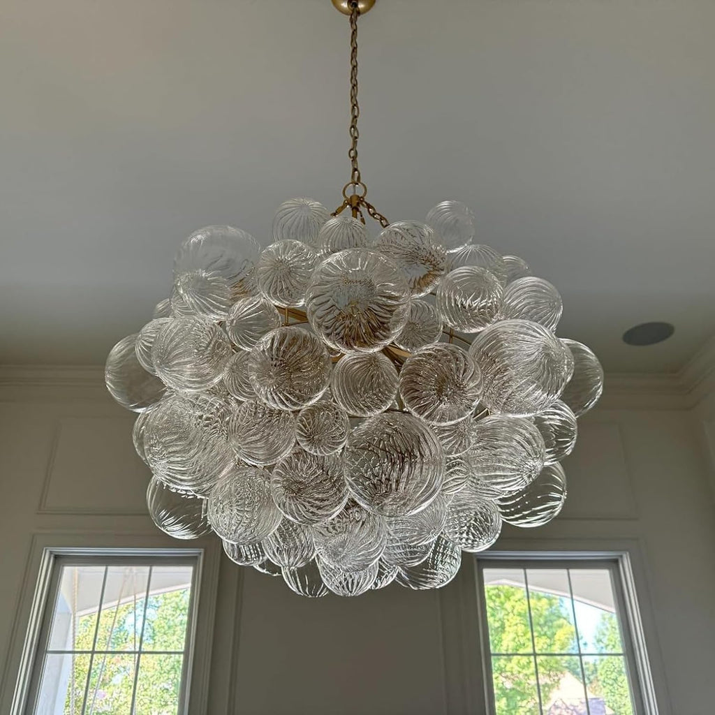 Mid Century Bubble Ball Chandeliers Dia 36 Inch Decorative Lights Swirled Ribbed Glass Clear Blown Glass Globe Chandelier Large Pendant Light Fixture for Bedroom Dining Room Over Table
