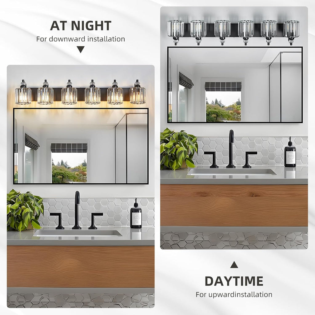 6-Light Black Bathroom Light Fixtures Over Mirror Modern Vanity Lights Crystal Wall Sconce Vintage Bathroom Lighting with Crystal Shade E26 Base for Bedroom, Living Room, Hallway
