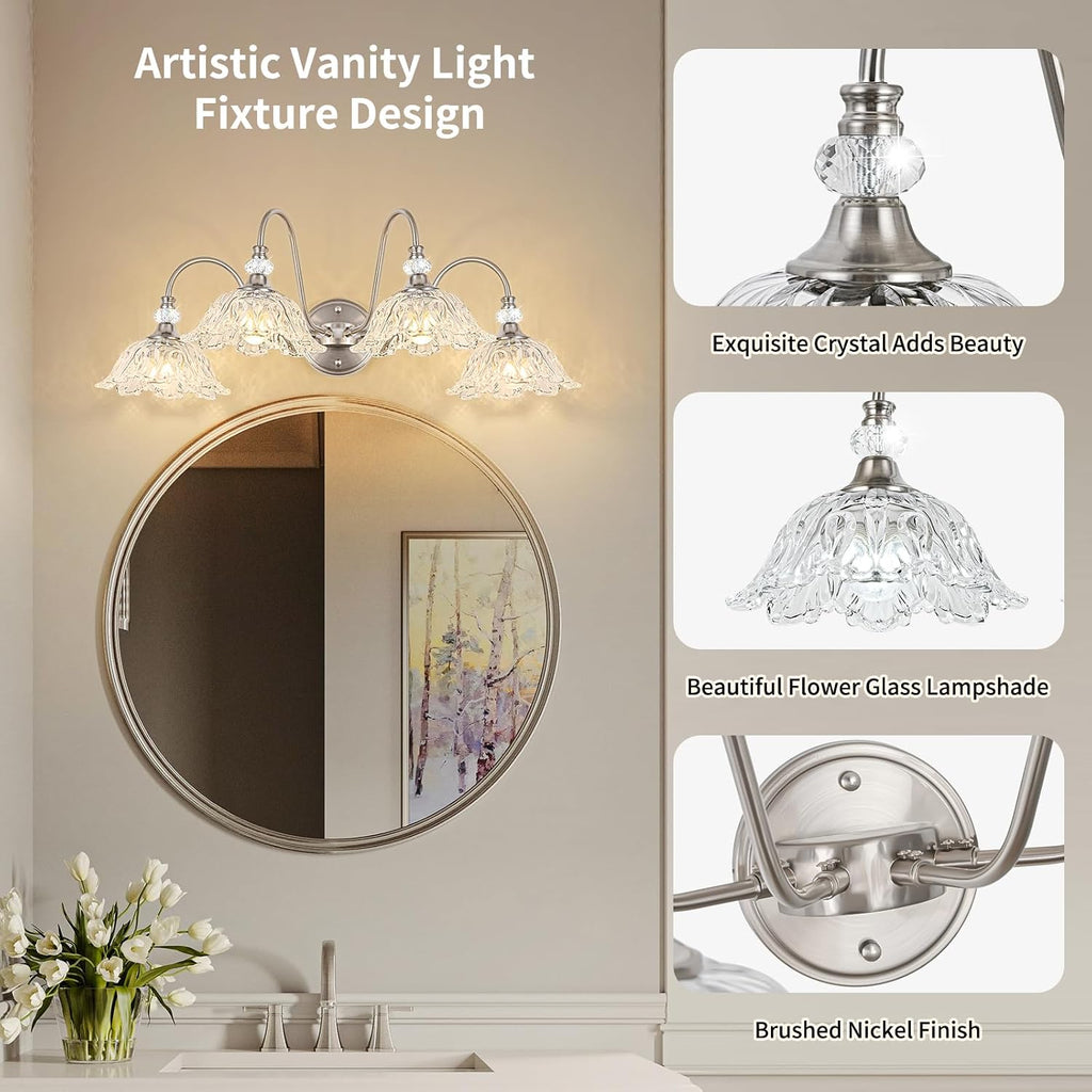 Brushed Nickel Bathroom Vanity Light, 4-Light Vanity Light with Floral Clear Glass Shades, Brushed Nickel Wall Mount Lighting for Bathroom, Dressing Table