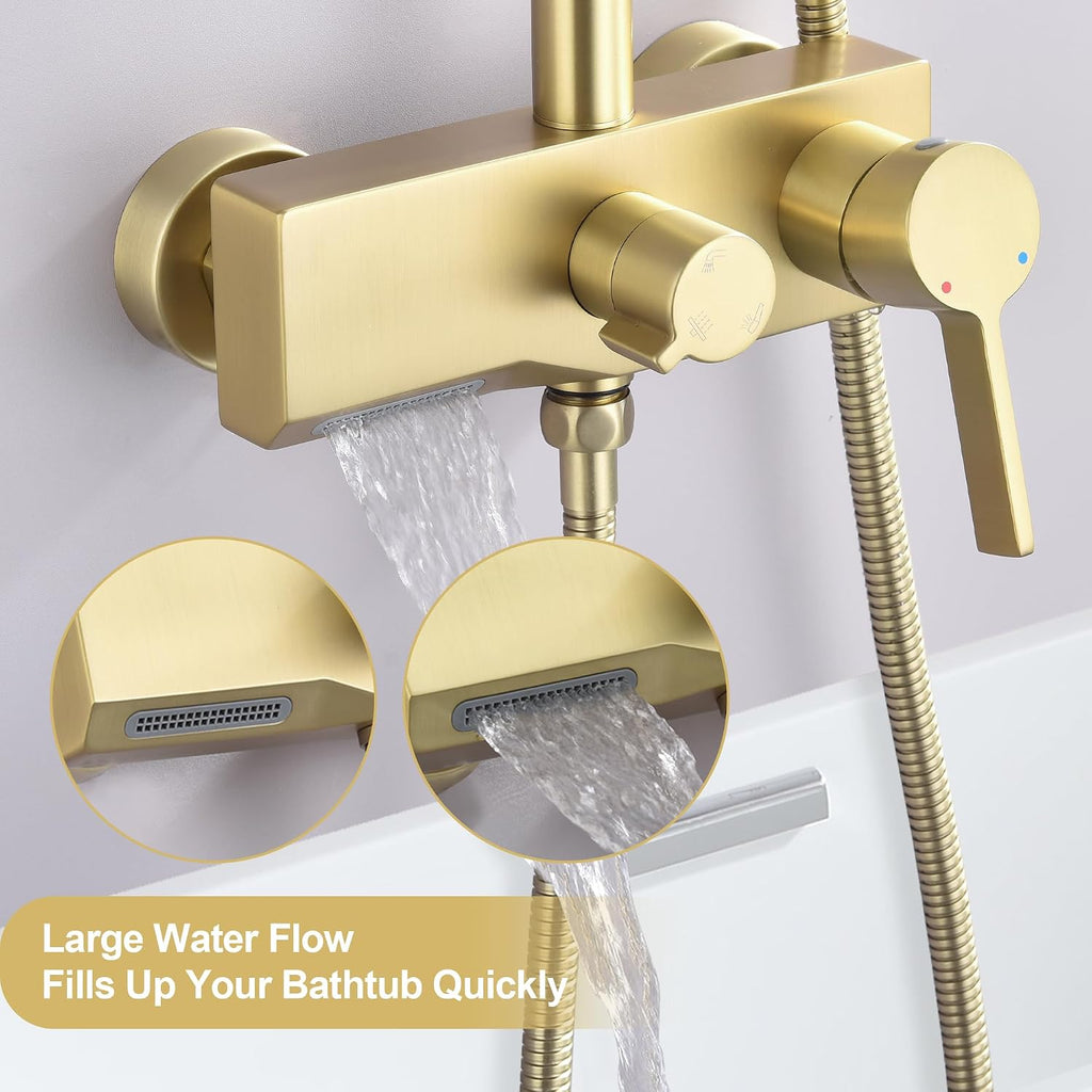 Brushed Gold Exposed Shower System with 2 Modes HandHeld,3 Functions Tub Shower Faucet Sets with Brass Valve, Shower Fixture with 10 Inches Rainfull Shower Head,Shower Height Adjustable