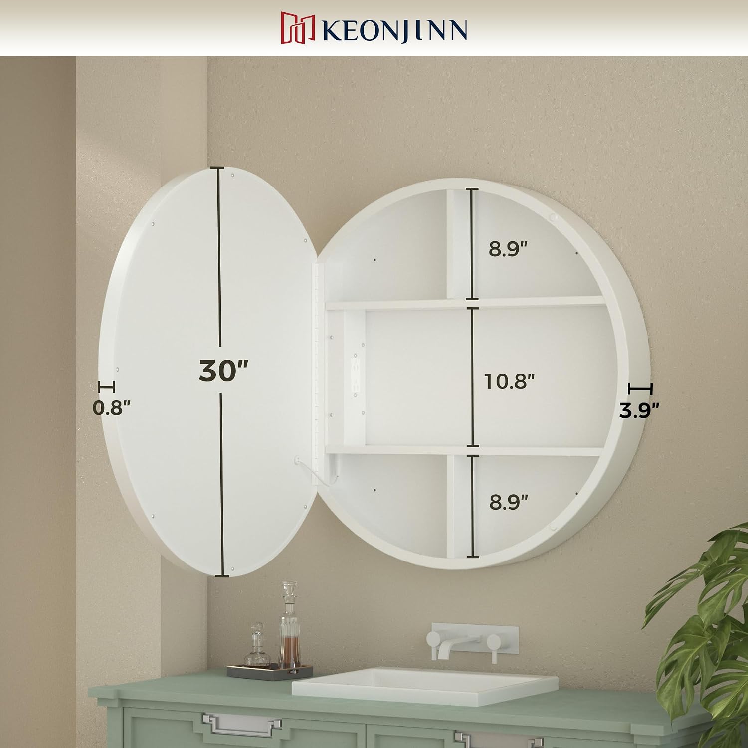 Keonjinn 30 Inch Round Lighted Medicine Cabinet, White LED Medicine Cabinet Mirror, Circle, Electrical Outlet, 3 Color Lights, Anti-Fog, Dimmable, Surface Mount Only