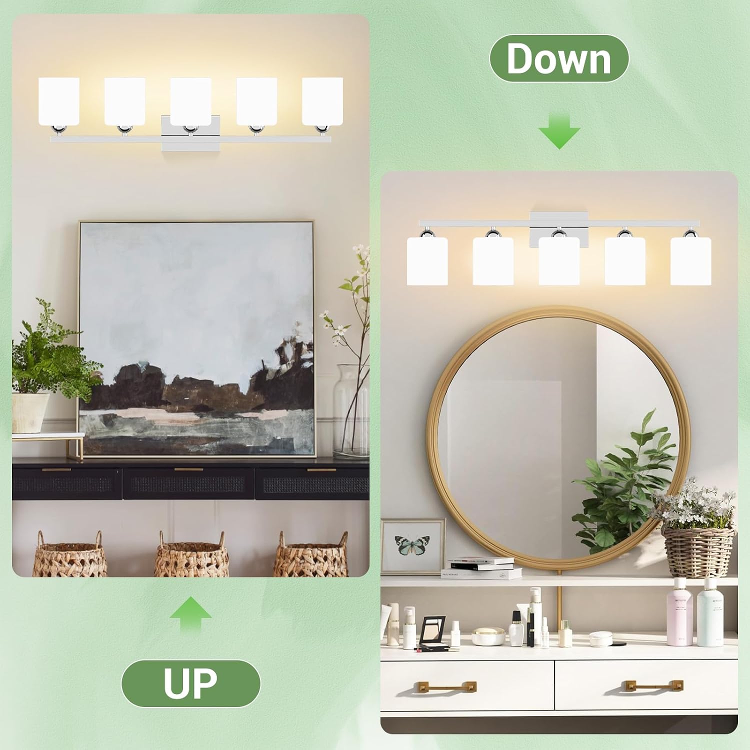 Quntis 5-Light Bathroom Light Fixtures Over Mirror 5 Colors Adjustable, LED Bathroom Vanity Light with Milky White Frosted Glass Shade, Lights for Bathroom Energy-Saving, 35.8 inch