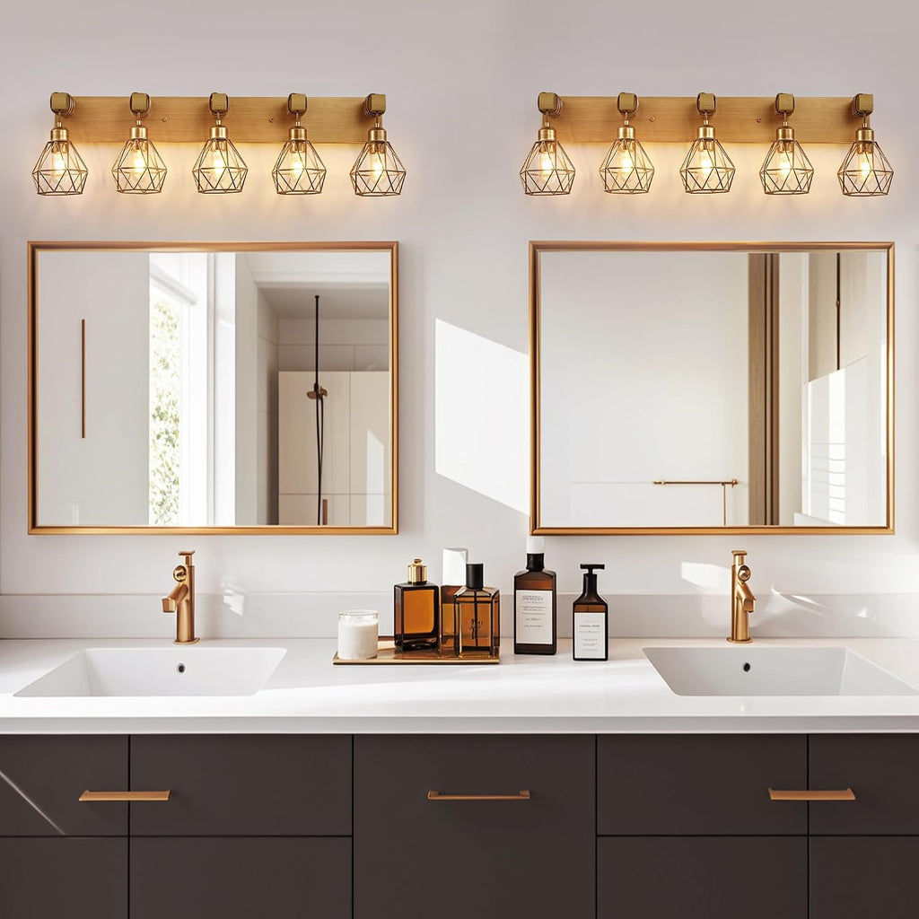 VbiTmn Farmhouse Bathroom Light Fixtures, 5-Light Gold Bathroom Vanity Light, Rustic Matte Antique Brass Finish with Metal Lampshade, Wall Sconces for Bedroom, Living Room, Hallway