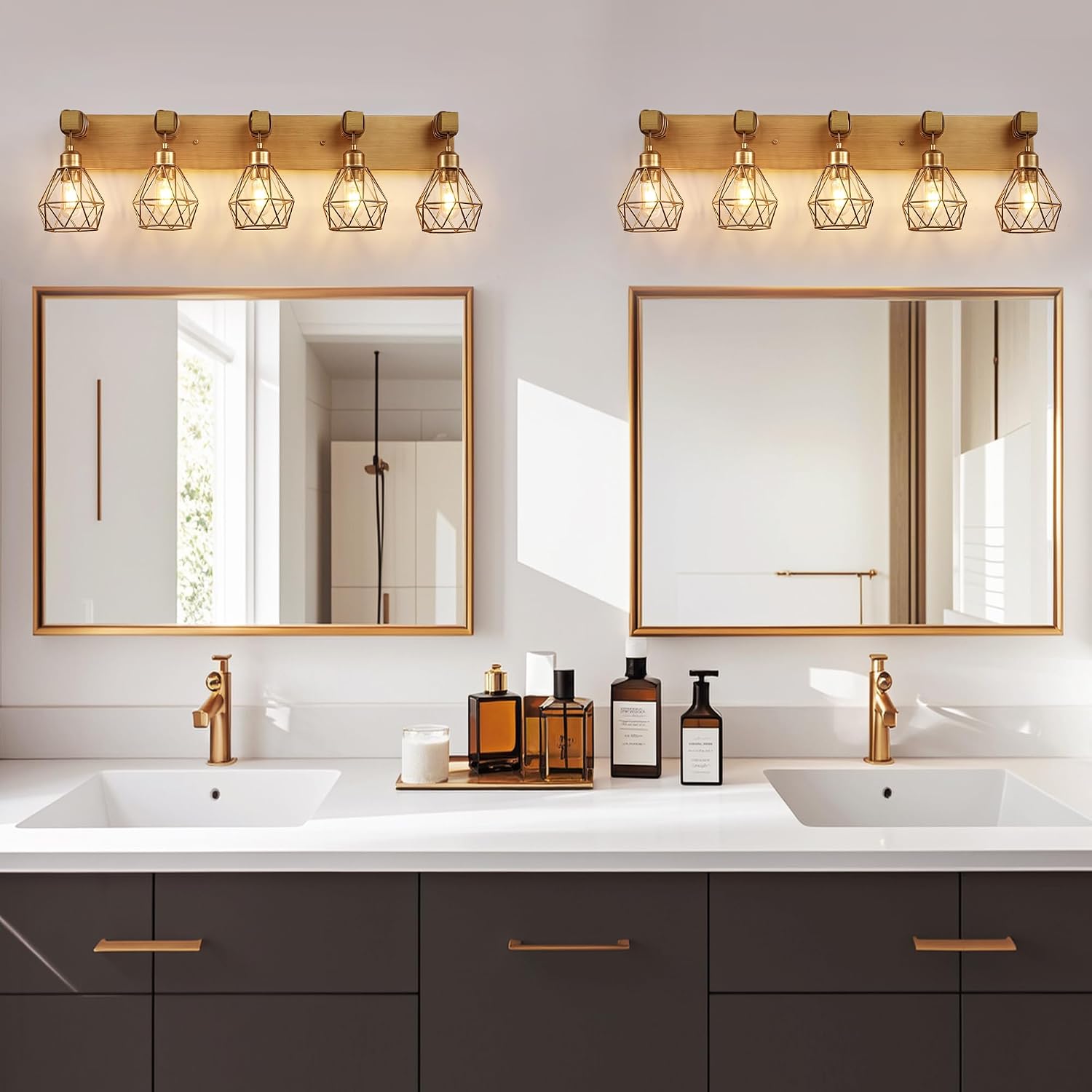 VbiTmn Farmhouse Bathroom Light Fixtures, 5-Light Gold Bathroom Vanity Light, Rustic Matte Antique Brass Finish with Metal Lampshade, Wall Sconces for Bedroom, Living Room, Hallway
