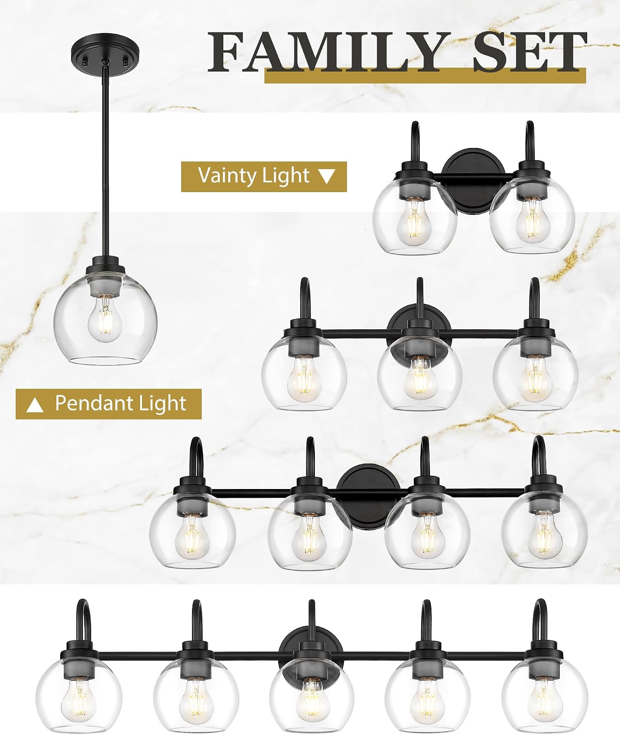 Bathroom Light Fixtures, 5-Light Matte Black Vanity Lights with Globe Clear Glass, 35 Inch Modern Vanity Lighting Fixtures Over Mirror, AD-22280-5W-BK