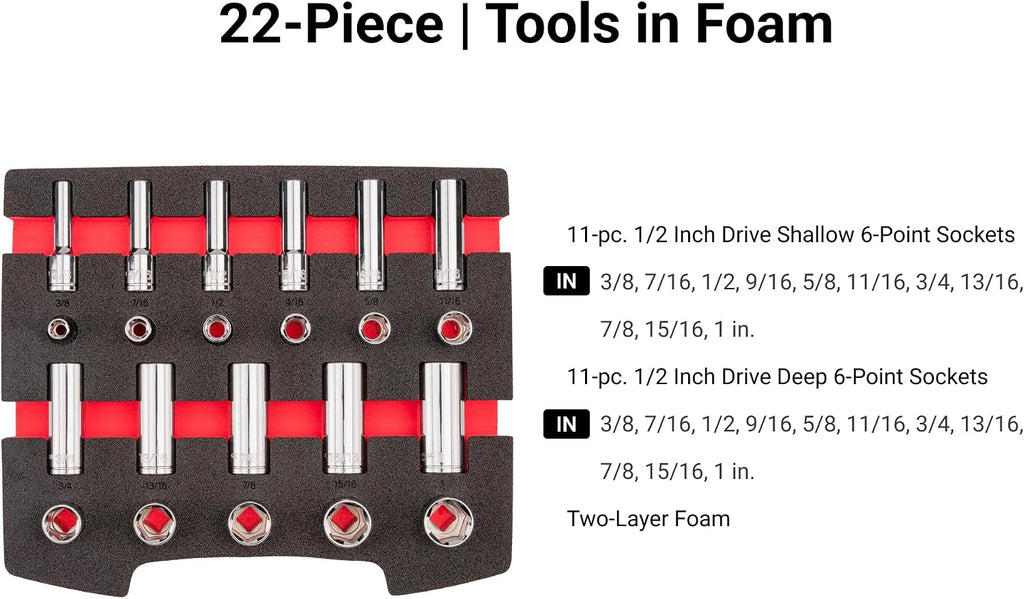 TEKTON 1/2 Inch Drive Shallow and Deep 6-Point Socket Set with Open Top Drawer and Rack, 22-Piece (3/8-1 in.) | SHD92700