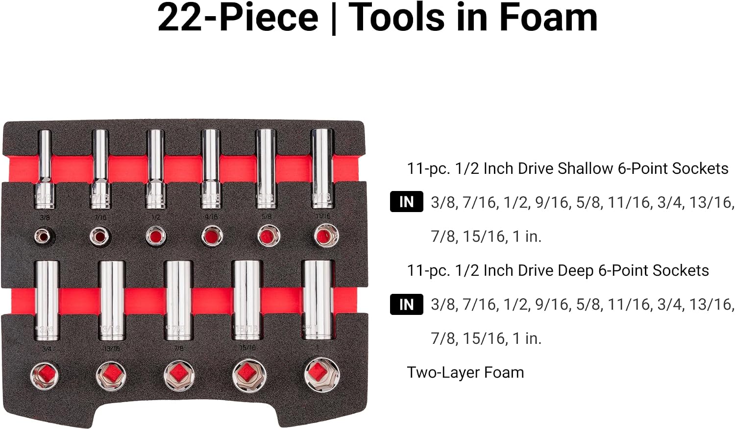 TEKTON 1/2 Inch Drive Shallow and Deep 6-Point Socket Set with Open Top Drawer and Rack, 22-Piece (3/8-1 in.) | SHD92700