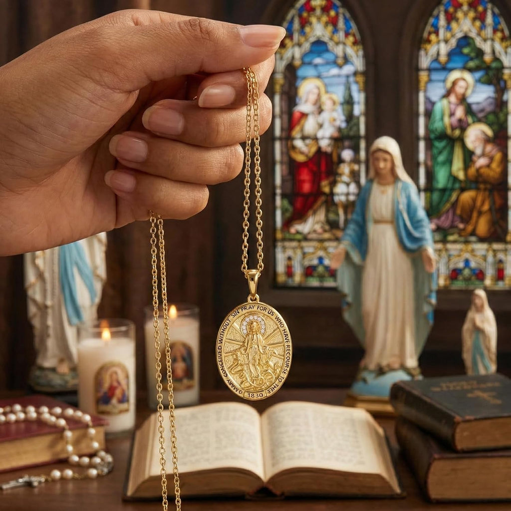 Miraculous Medal Necklace, 14K Gold Virgin Mary Pendant Protection Jewelry, Medalla Milagrosa Catolica Necklace Catholic Gifts for Women