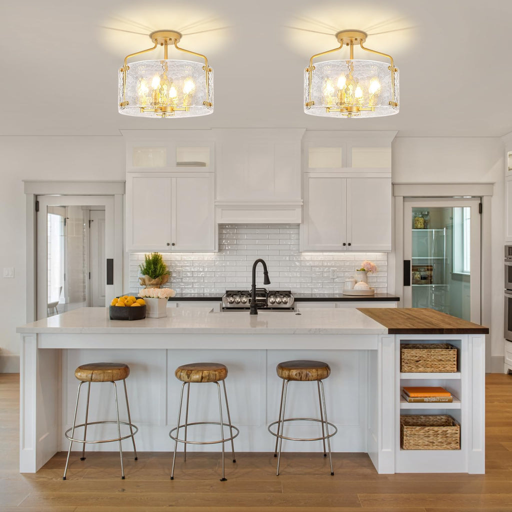 4-Light Gold Semi Flush Mount Ceiling Light, Modern Hammered Glass Drum Chandelier Entryway Light Fixtures Kitchen Close to Ceiling Lights for Bathroom Hallway Dining Room Foyer Lighting
