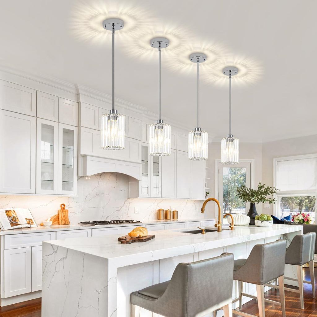 3 Pack Chrome Pendant Lights Kitchen Island, Modern Crystal Kitchen Pendant Lighting Over Island Adjustable Hanging Dining Room Light Fixtures Mini Pendant Light for Bathroom Hallway Bedroom Foyer