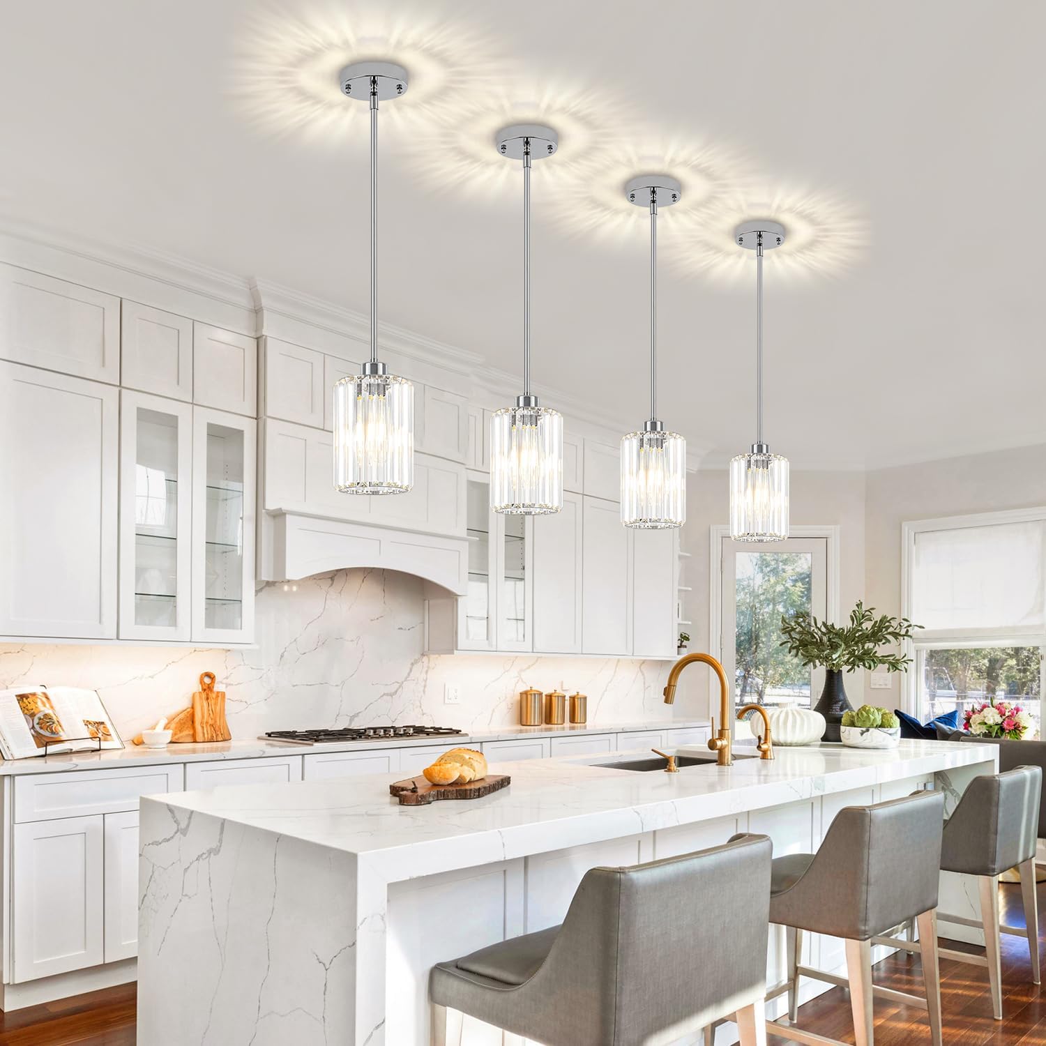 3 Pack Chrome Pendant Lights Kitchen Island, Modern Crystal Kitchen Pendant Lighting Over Island Adjustable Hanging Dining Room Light Fixtures Mini Pendant Light for Bathroom Hallway Bedroom Foyer