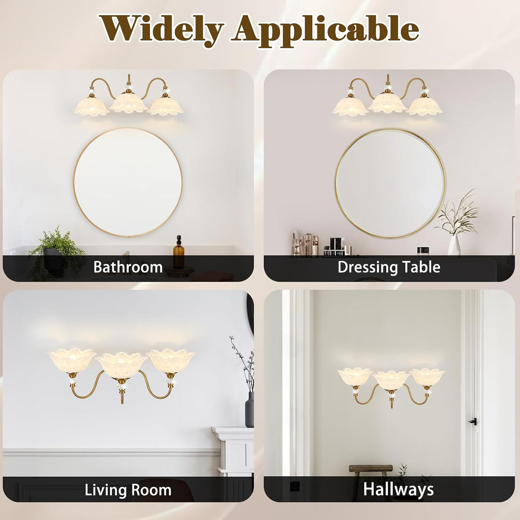 Vintage Bathroom Vanity Light, 3-Light Matte Brass Finish Vanity Light with Floral White Glass Shades, Retro Wall Sconce for Bathroom, Dressing Table