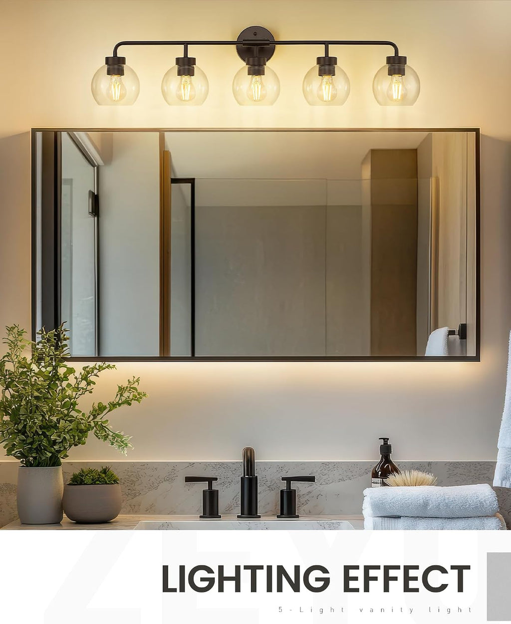 zeyu 5-Light Modern Vanity Light Fixture, 38.5 Inch Bathroom Light Fixtures Wall Mount with Clear Glass Globe Shade, Oil Rubbed Bronze Finish, ZS62BG-5W ORB