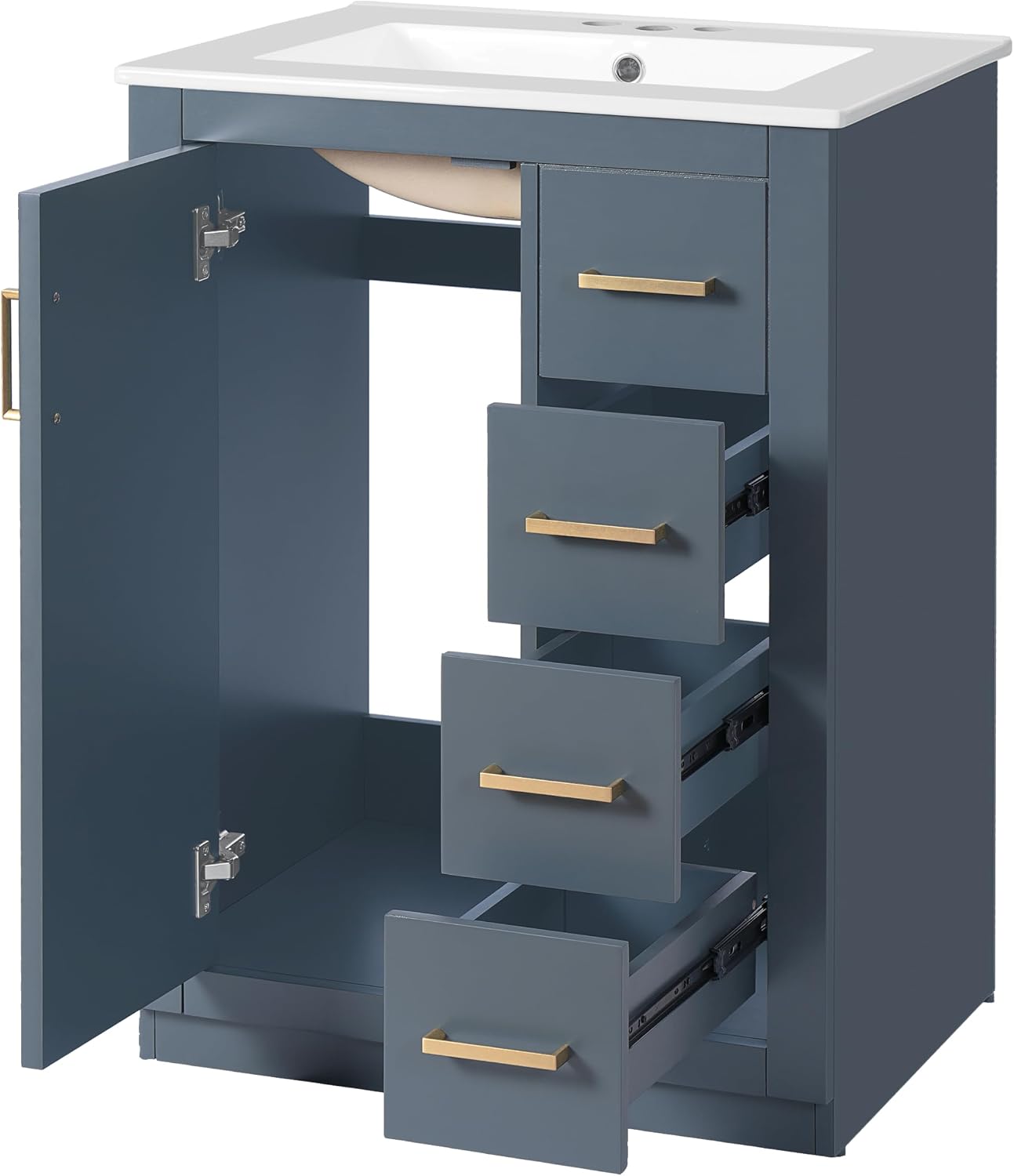 24 Inch Dark Blue Bathroom Vanity with Sink & Integrated Countertop,Modern Freestanding Bathroom Vanity with Single Sink,Gold Handles & Right Hand 3 Drawers,Soft Closing Door,Herringbone Front