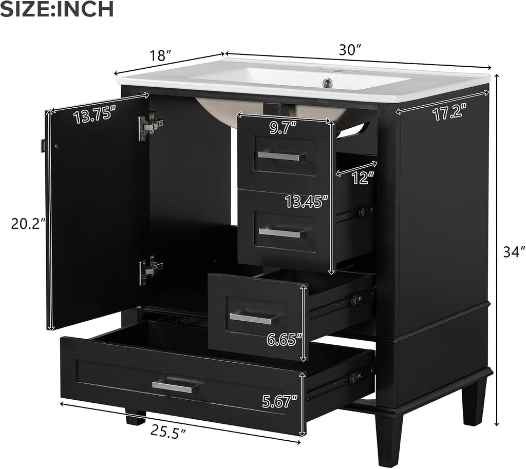 30' Black Bathroom Vanity with Sink Combo Set, Modern Storage Cabinet with a Soft Closing Door and 3 Drawers, Solid Wood Frame