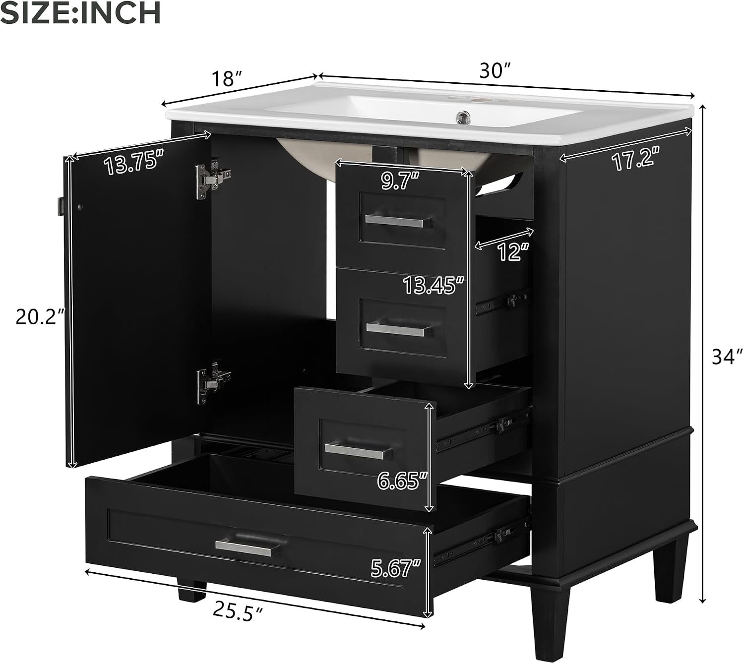 30' Black Bathroom Vanity with Sink Combo Set, Modern Storage Cabinet with a Soft Closing Door and 3 Drawers, Solid Wood Frame