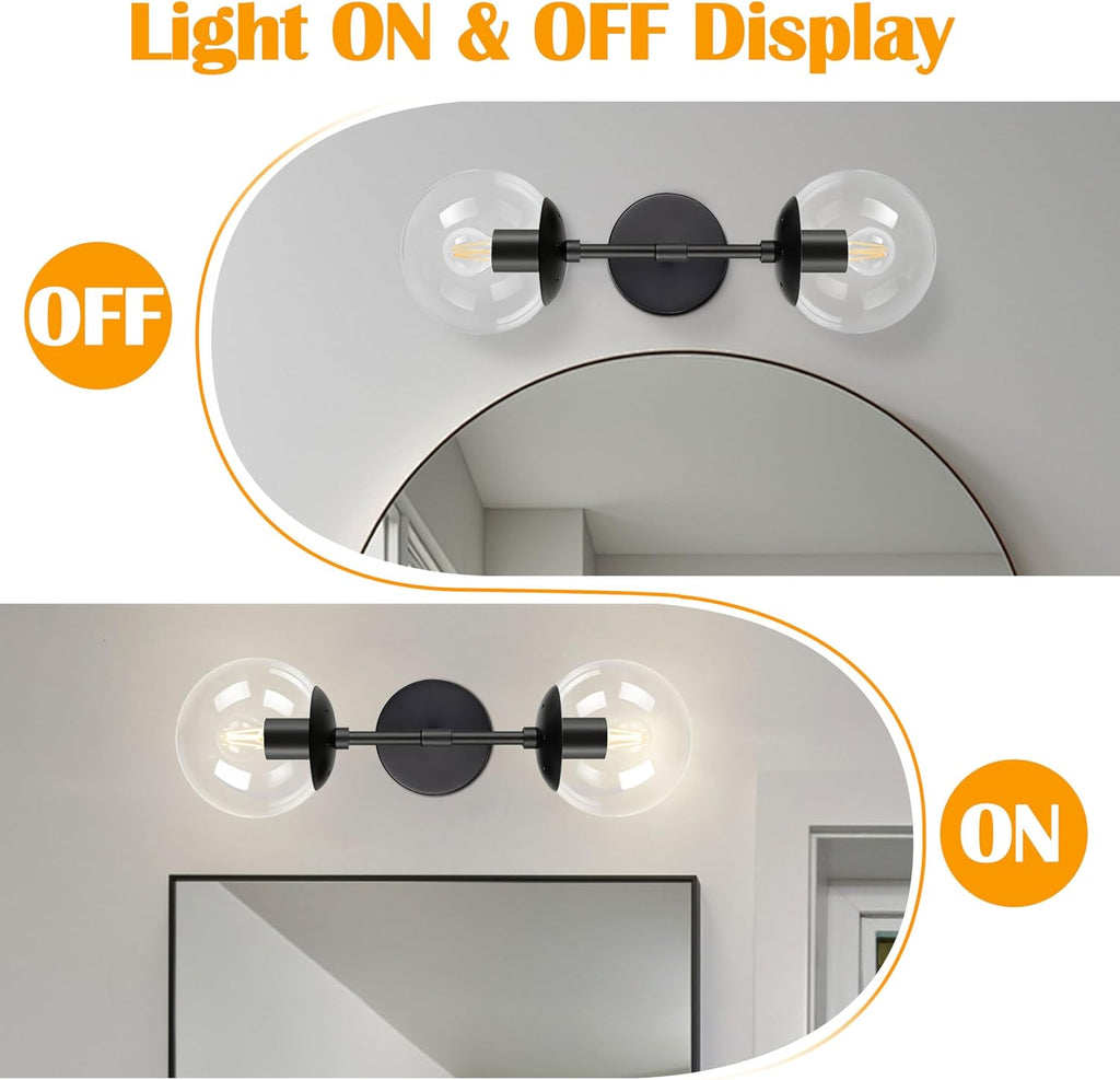 KoKo&Yukina 2 Pack Mid Century Modern Bathroom Vanity Light Matte Black Vanity Lighting Fixtures Modern Wall Sconce 2-Lights Globe Vanity Light with Clear Glass Shade for Bathroom(Bulb Incl.)