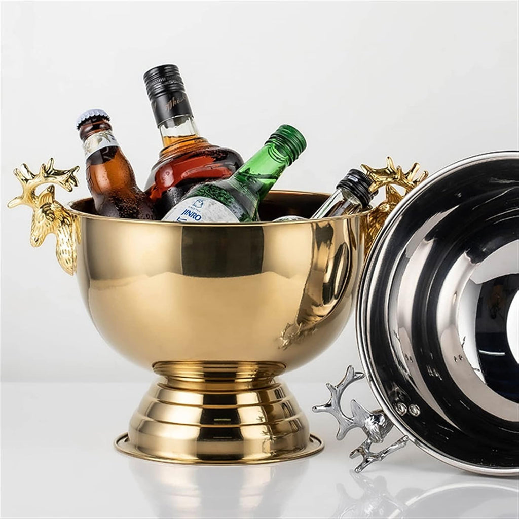 Ice Bucket Champagne Bucket Ice Buckets, Deer Head Stainless Steel Ice Pails Bar KTV Ice Wine Bucket Great for Home Bar Chilling Beer Champagne and Wine Ice Bucket Beverage Tub (Color : Brass)