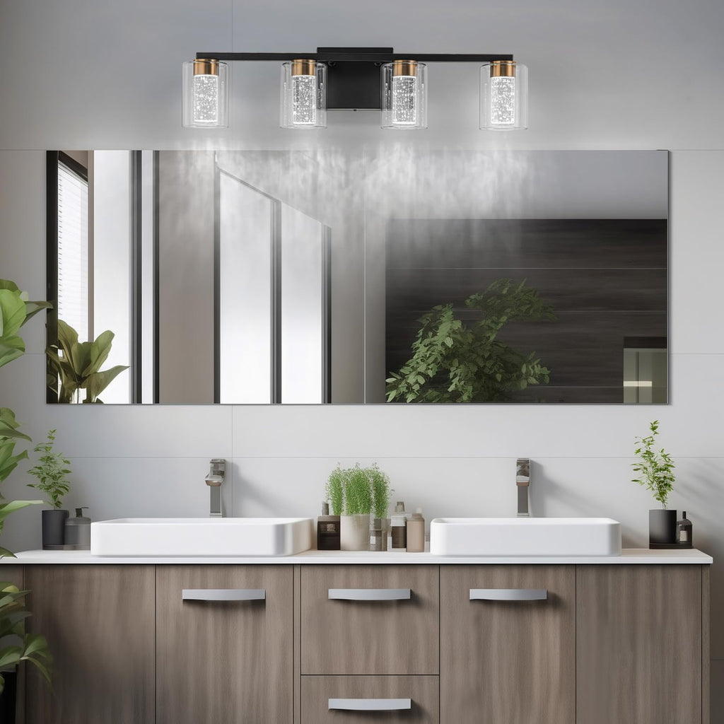 SineRise 4-Light Black and Gold Vanity Light with 3 Color Modes (3000K/4000K/6000K), Eye Protection LED Bathroom Light Fixture, Dimmable Modern Wall Light Over Mirror with Clear Glass Shade