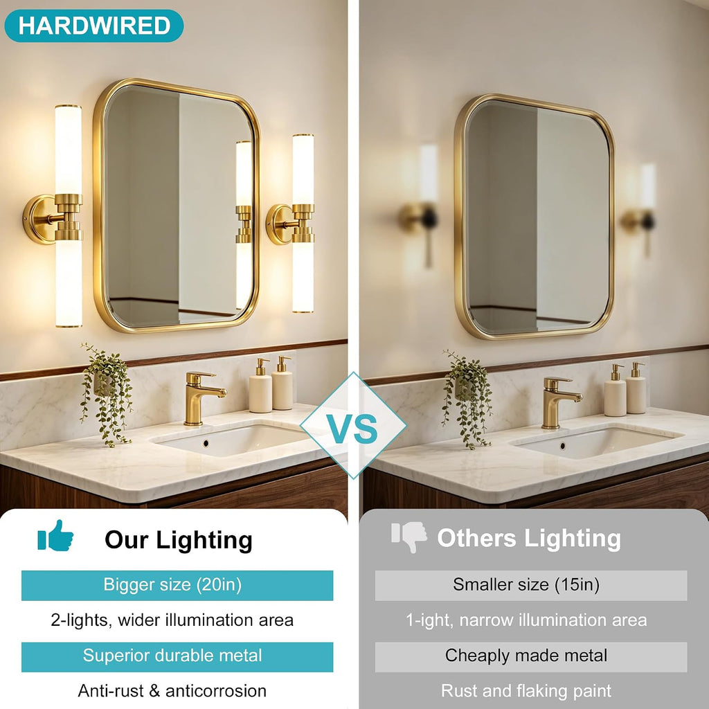 Bathroom Light Fixtures 2 Pack, Gold Wall Sconce with Milk Glass Shade, Modern Vanity Light Up and Down Sconces Wall Light - Bulb Not Included