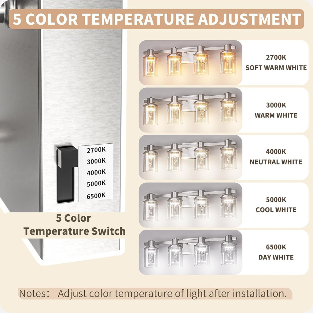 Quntis Brush Nickle Bathroom Lighting Fixtures with 5 Color Mode, 4-Light Dimmable Modern Bathroom Vanity Light Over Mirror, 28 Watt Eye Protection LED Wall Lamp 27 Inch (UL Certified, Bulbs Included)