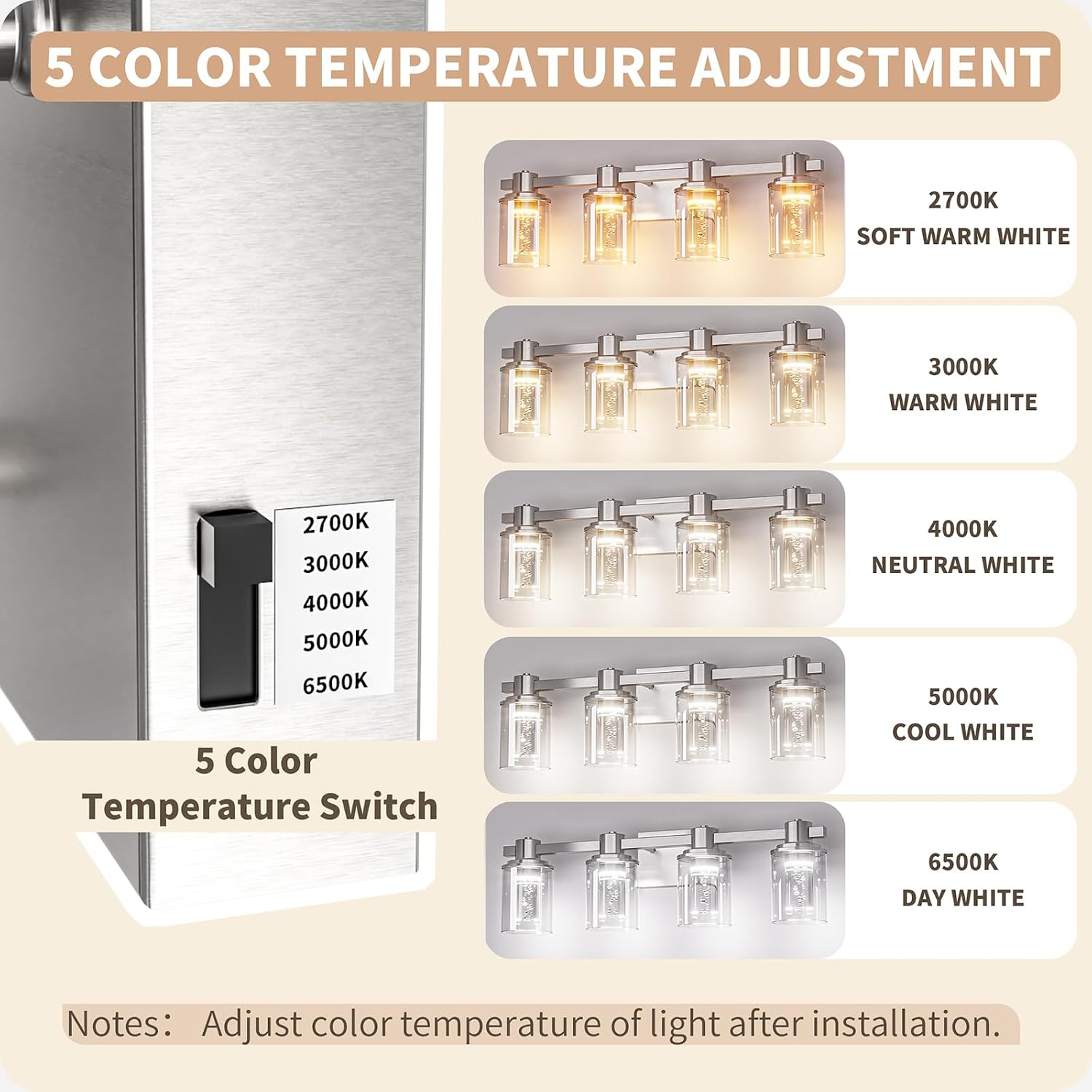 Quntis Brush Nickle Bathroom Lighting Fixtures with 5 Color Mode, 4-Light Dimmable Modern Bathroom Vanity Light Over Mirror, 28 Watt Eye Protection LED Wall Lamp 27 Inch (UL Certified, Bulbs Included)