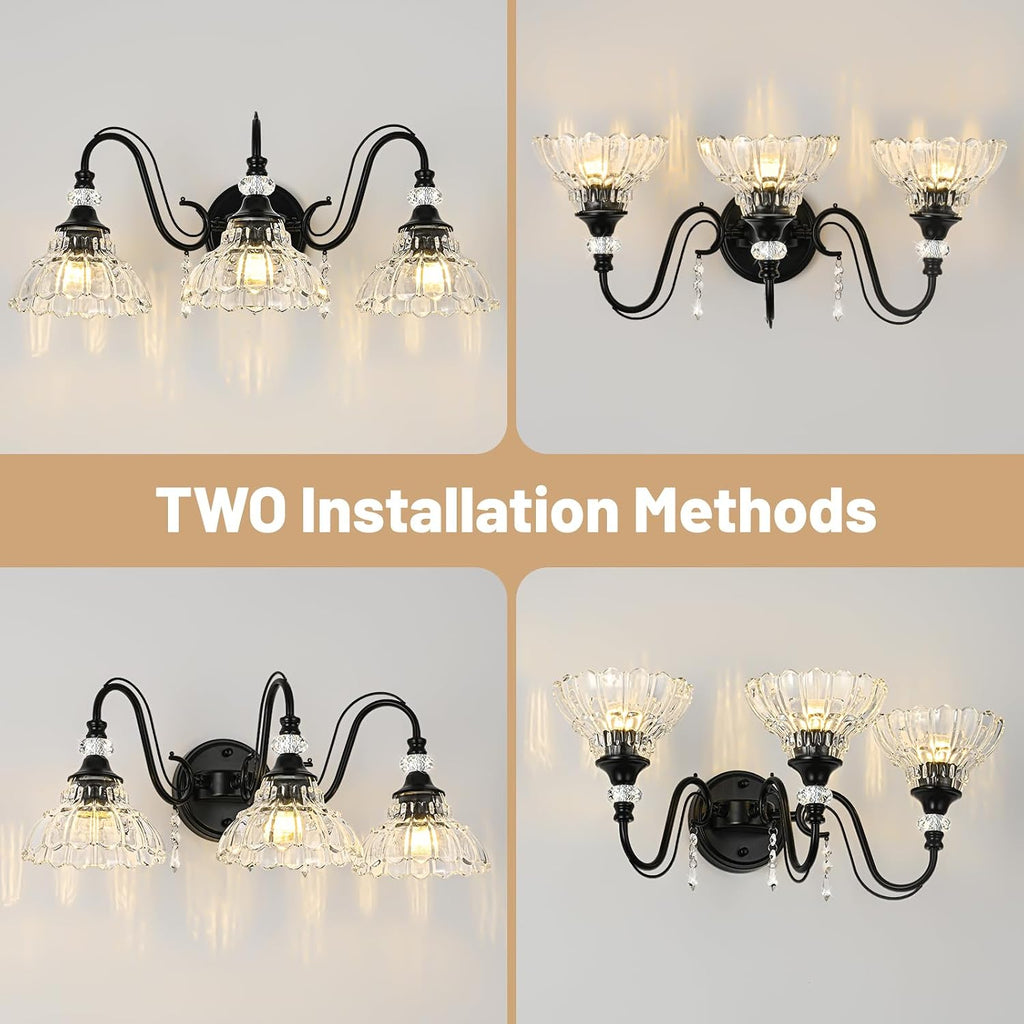 Black Bathroom Vanity Light, 3-Light Matte Black Finish Farmhouse Wall Sconce with Hanging Crystal Accents and Flower-Shaped Clear Glass Shades, Retro Wall Mount Vanity Light Over Mirror for Bathroom