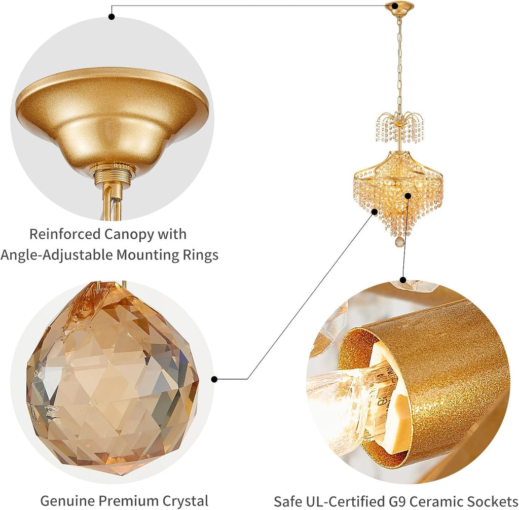 WUZUPS Golden-Hued Crystal Chandelier Pendant Flushmount Ceiling Light Modern Lighting Fixture for Bedroom Hallway Bar Kitchen Bathroom, H 20.1' x W 14.7', Gold, G9 Base