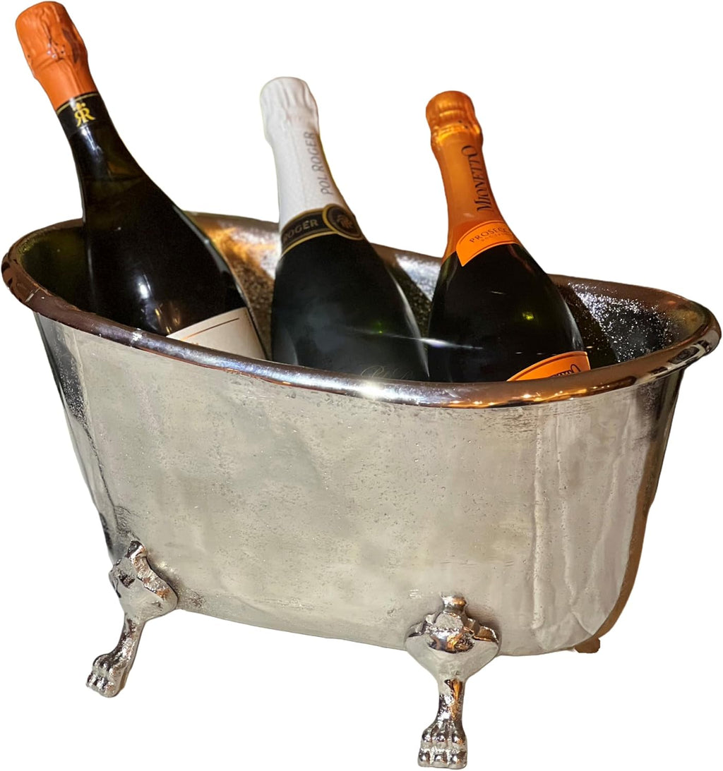 Le Bain Champagne and Wine Ice Bucket, Bathtub Shaped Claw Foot, Multi-Bottle - Large Capacity, Silver Aluminum Nickle, 16.5 Inches Long, Handmade