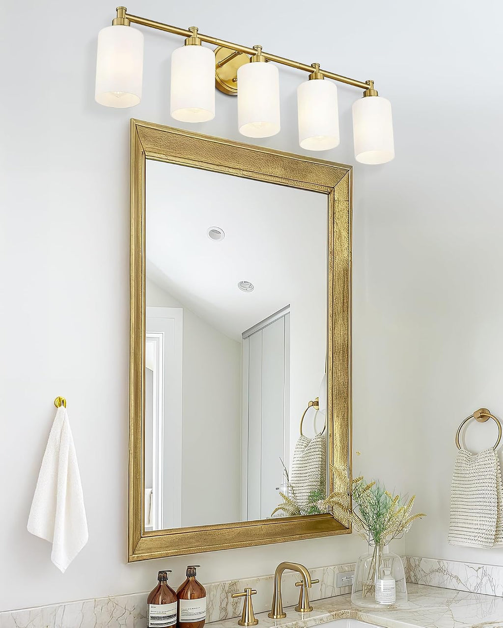 FEMILA 5 Light Bathroom Light Fixture Over Mirror, 32' Brushed Gold Vanity Light, Bathroom Vanity Light with Milk White Glass, 4FYC56B-5W BG-MG