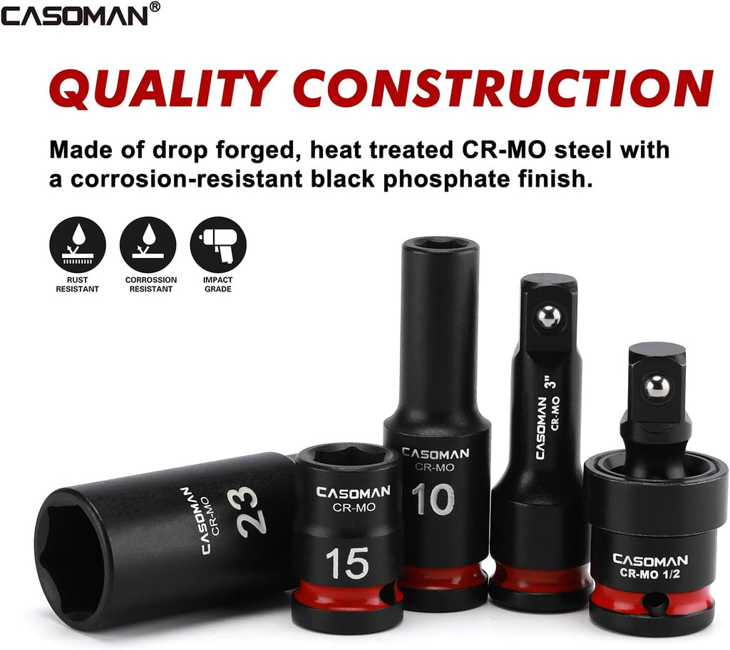 CASOMAN 43-Piece 1/2' Drive Master Impact Socket Set, Deep and Standard, 6-Point, Metric, 9mm - 30mm, CR-MO Steel, Impact Universal Joint & Extension Bars, with Storage Case