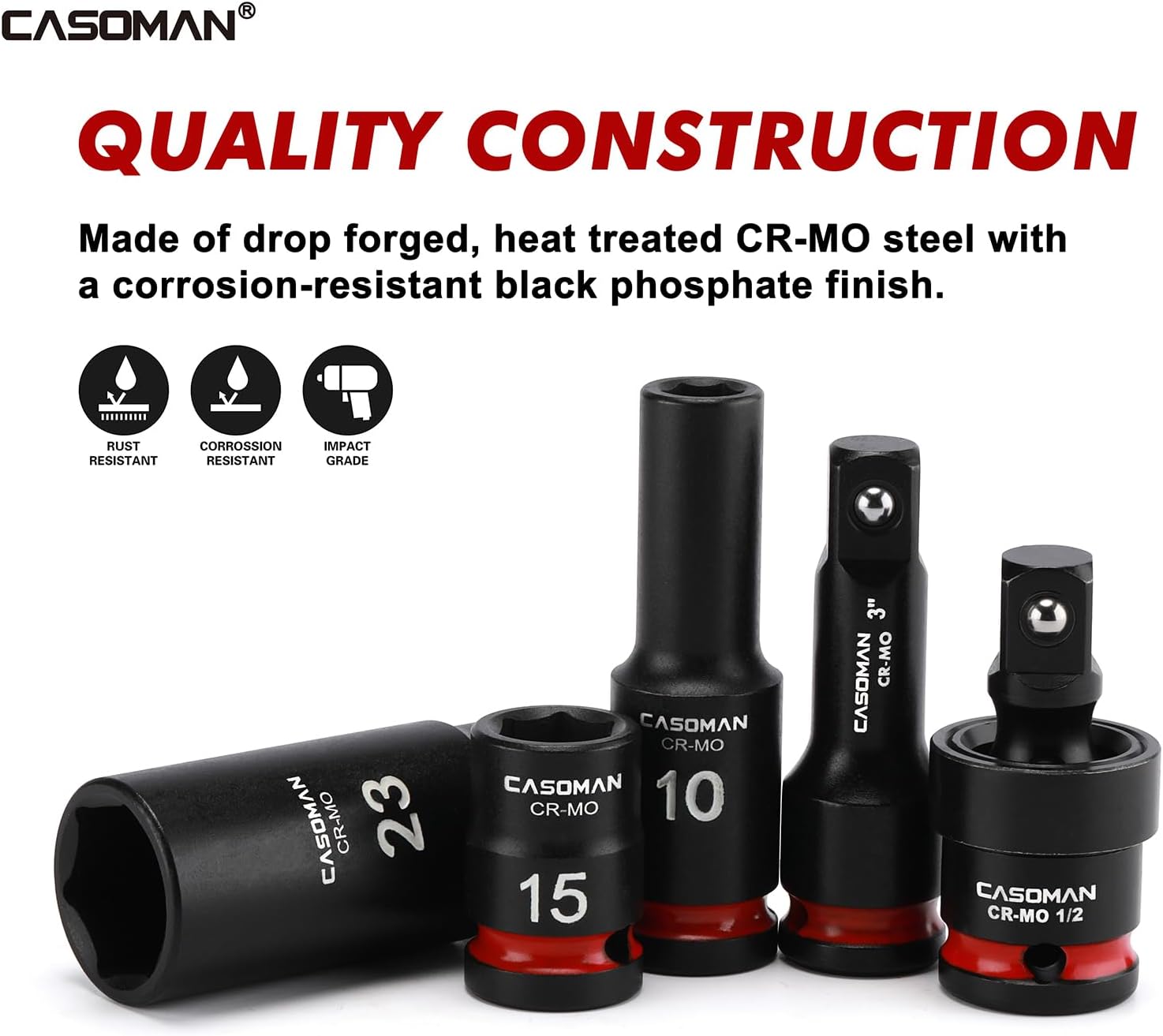 CASOMAN 43-Piece 1/2' Drive Master Impact Socket Set, Deep and Standard, 6-Point, Metric, 9mm - 30mm, CR-MO Steel, Impact Universal Joint & Extension Bars, with Storage Case