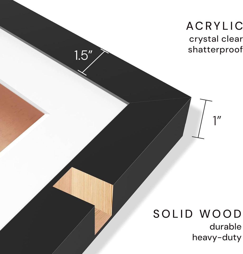Frame Amo A0 33.1x46.8 Solid Wood Poster Frame Black, with 22.9x32.6 White Mat Opening for A1 23.4x33.1 Image, 1.5 inch Wide, 1 inch Thick, Acrylic Front, Gallery Grade