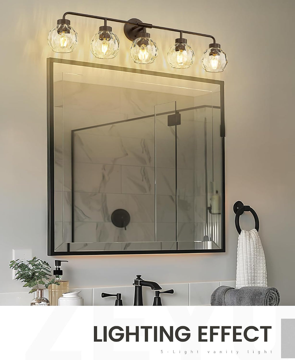 zeyu 38.5 Inch Farmhouse Bathroom Lighting Fixture, 5-Light Bathroom Vanity Light, Oil Rubbed Bronze Finish with Water Ripple Globe Glass, ZS62BG-5W ORB-WG