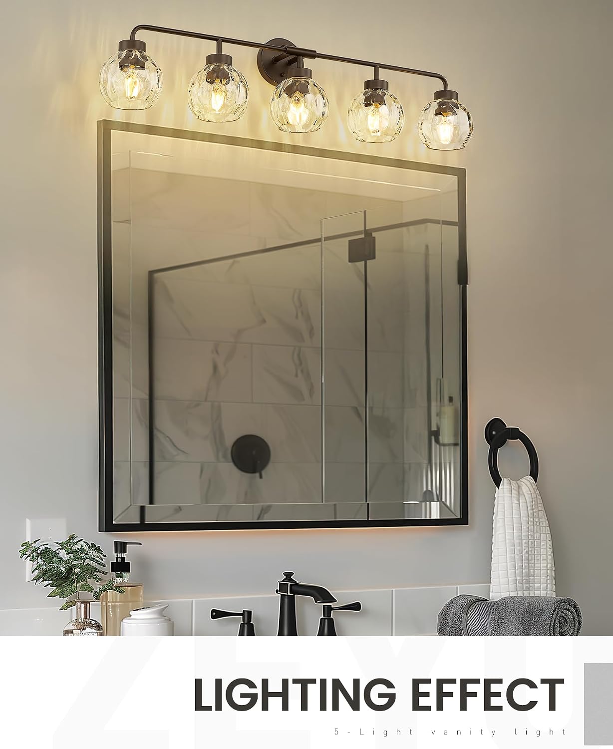 zeyu 38.5 Inch Farmhouse Bathroom Lighting Fixture, 5-Light Bathroom Vanity Light, Oil Rubbed Bronze Finish with Water Ripple Globe Glass, ZS62BG-5W ORB-WG
