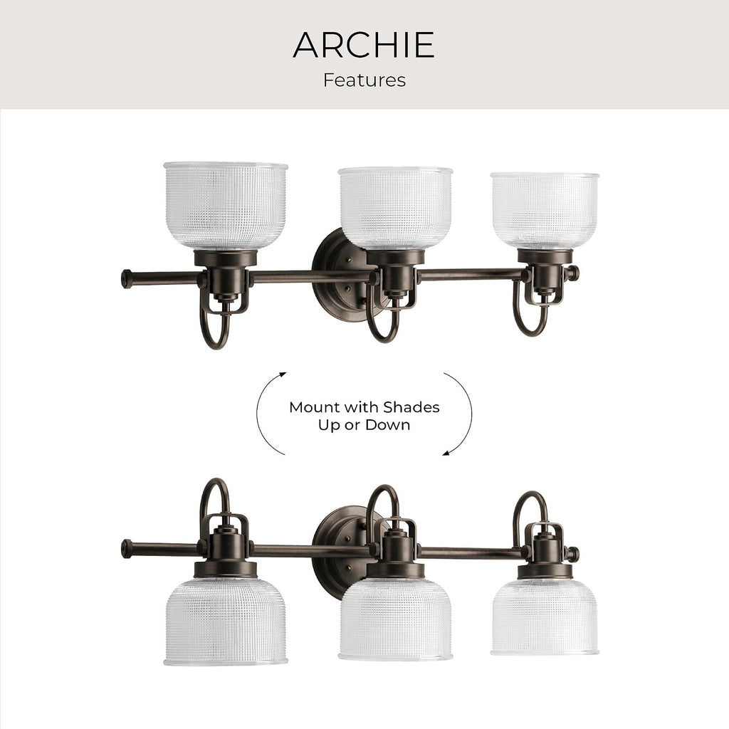 Progress Lighting 3-Light Clear Double Prismatic Glass Coastal Bath Vanity, Archie Collection, Venetian Bronze, P2992-74
