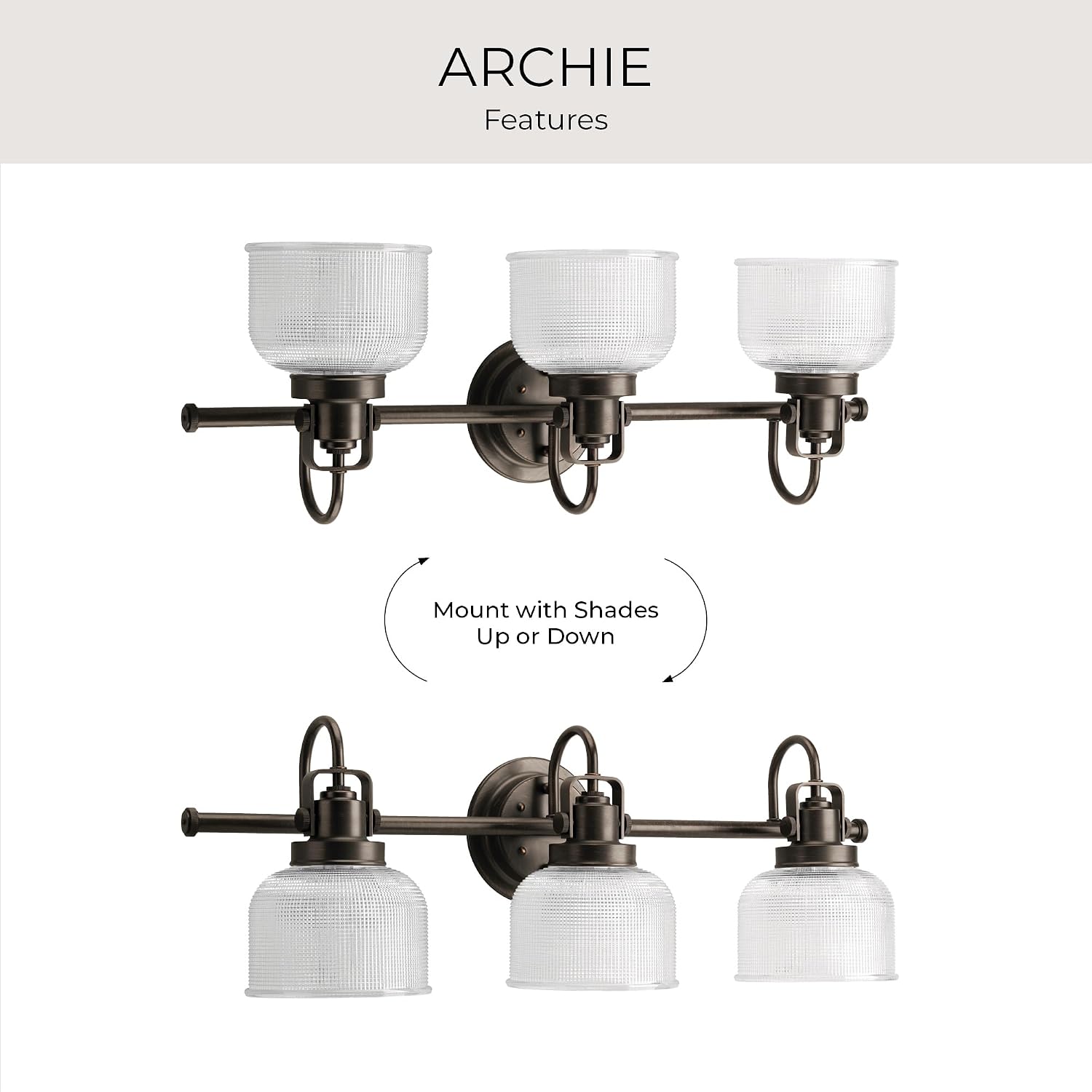 Progress Lighting 3-Light Clear Double Prismatic Glass Coastal Bath Vanity, Archie Collection, Venetian Bronze, P2992-74