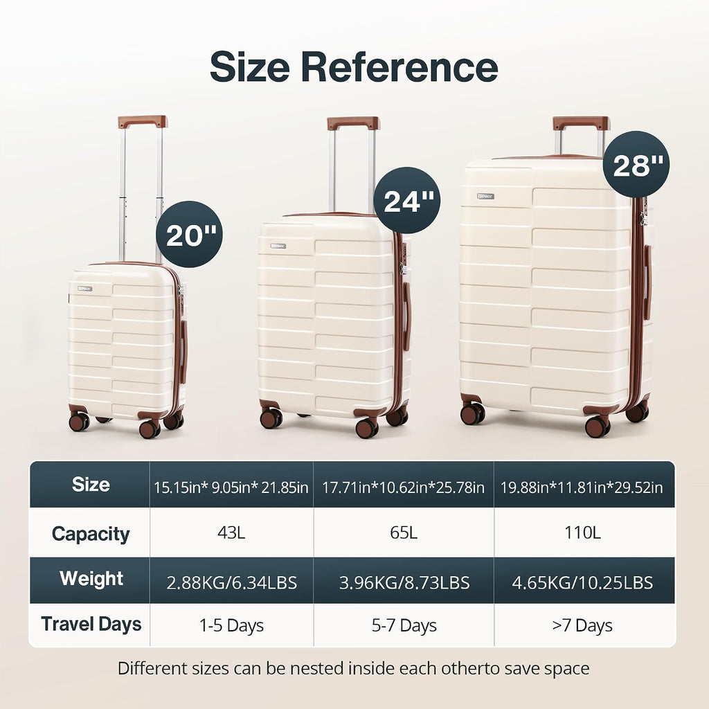 Vipbox Luggage Sets 3 Piece (3-YEARS VIP SERVICE) Hardside Expandable Ultra Durable 100% PC Lightweight Carry On Travel Suitcase Set with TSA Lock Spinner Wheels, White Brown