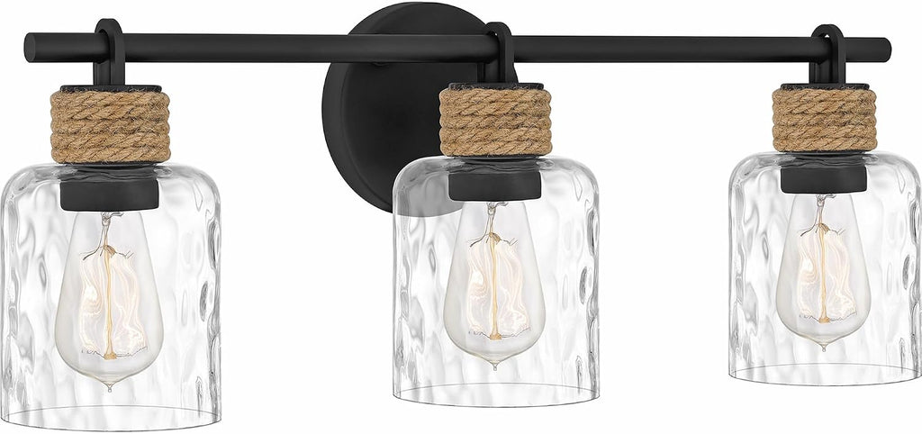 Quoizel Baltic 24' 3-Light Coastal Vanity Light, Matte Black with Clear Water Glass, ETL Damp Rated