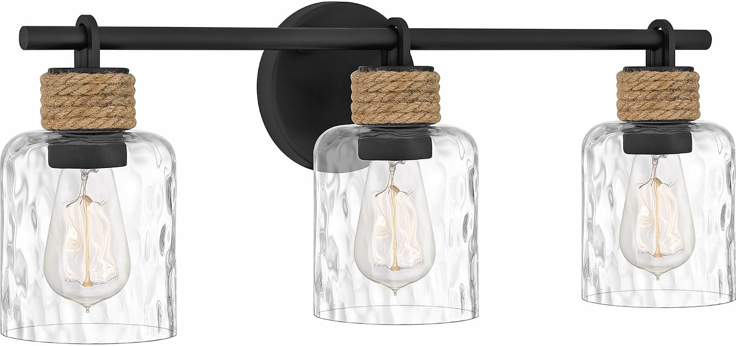 Quoizel Baltic 24' 3-Light Coastal Vanity Light, Matte Black with Clear Water Glass, ETL Damp Rated