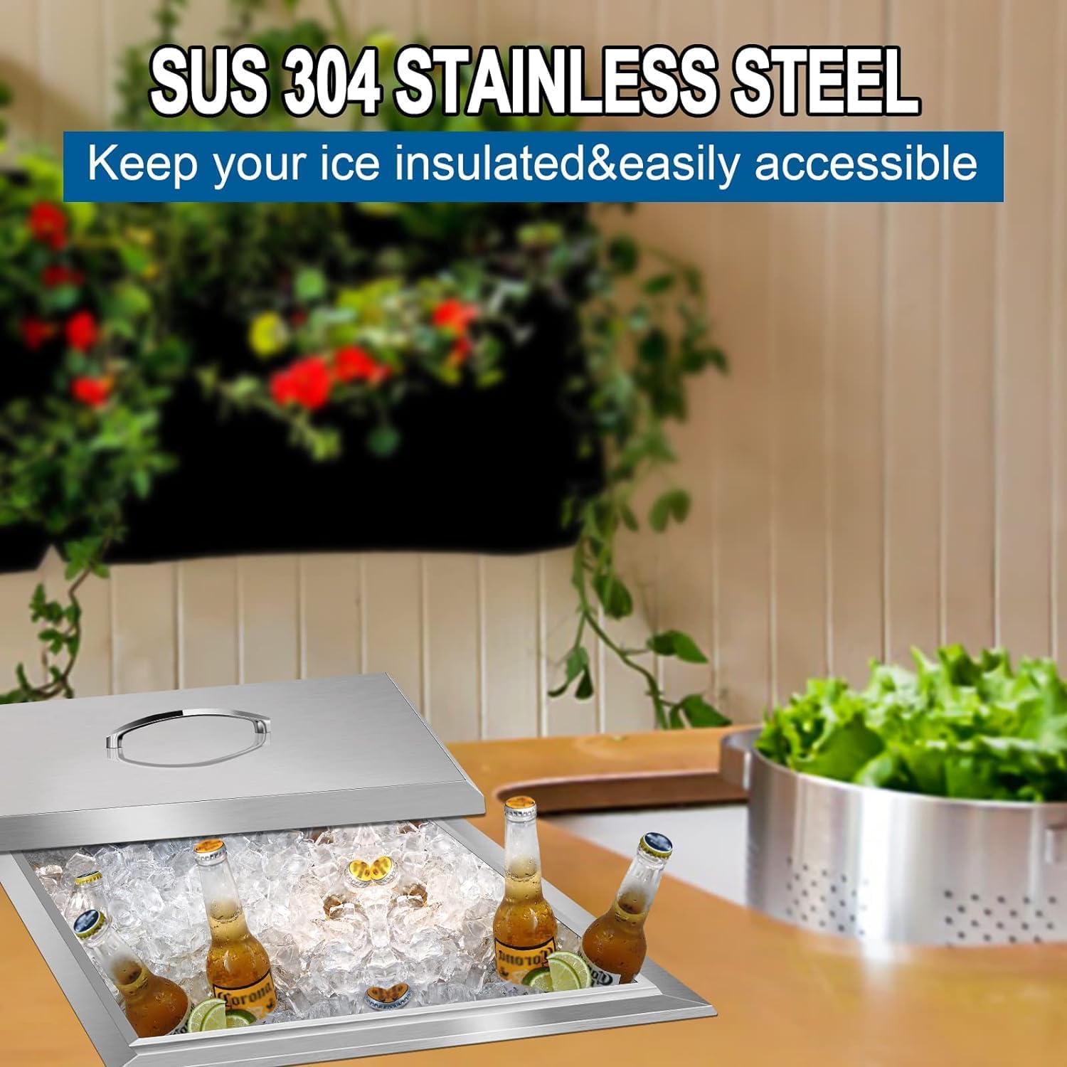 Stainless Steel Drop-in Ice Chest, 20.5'L X 20.5'W X 13'H Inch Drop-in Ice Cooler with Removable Cover Ice Bin Drain-pipe and Drain Plug Included for Cold Wine Beer, Silver