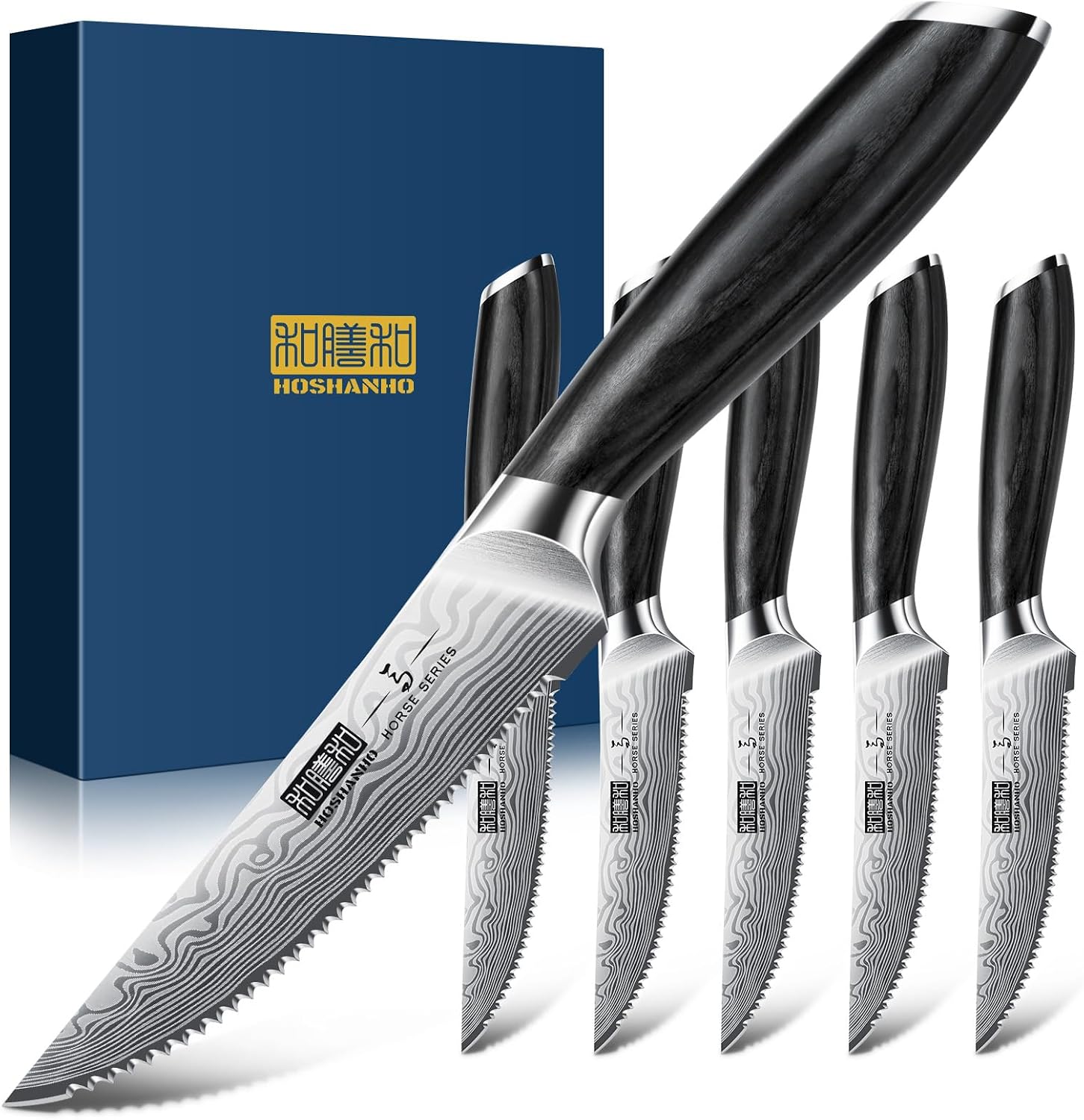 HOSHANHO Steak Knives Set of 6, 4.5 Inch Japanese Serrated Steak Knife Set, Ultra Sharp High Carbon Powder Steel Steak Knife with Pakkawood Handle