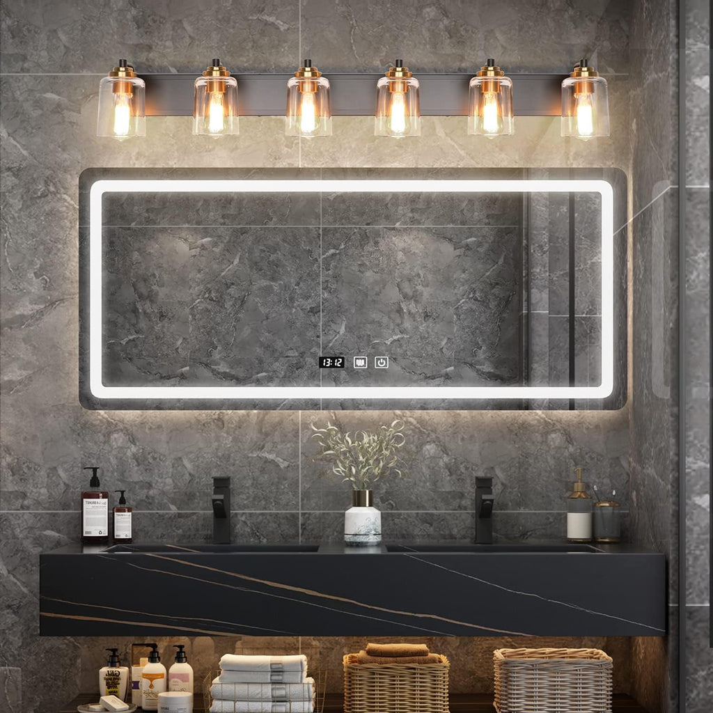 SOLFART Bathroom Vanity Light Black and Brass Bathroom Light fixtures Durable Glass Globe Vintage Stylish Lighting 6 Lights(8580)