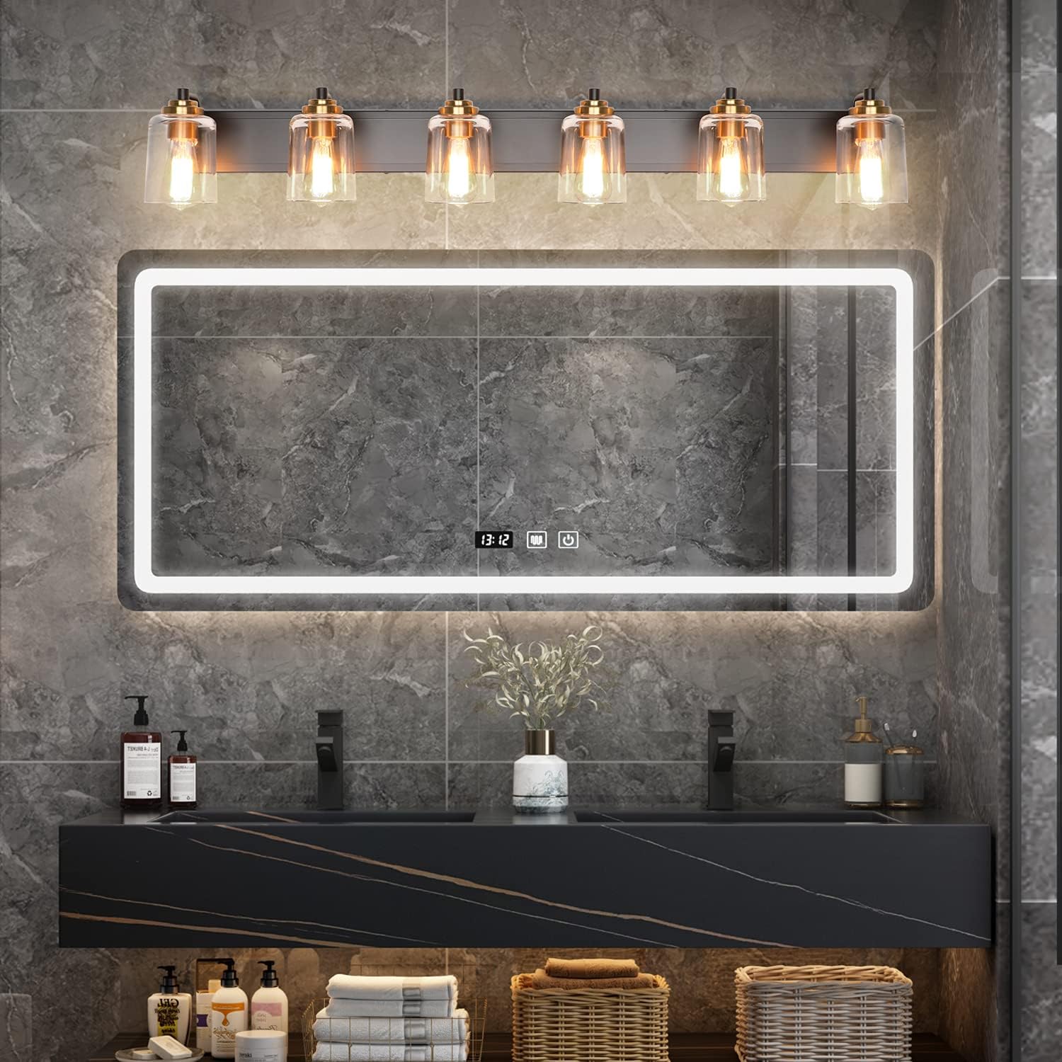 SOLFART Bathroom Vanity Light Black and Brass Bathroom Light fixtures Durable Glass Globe Vintage Stylish Lighting 6 Lights(8580)