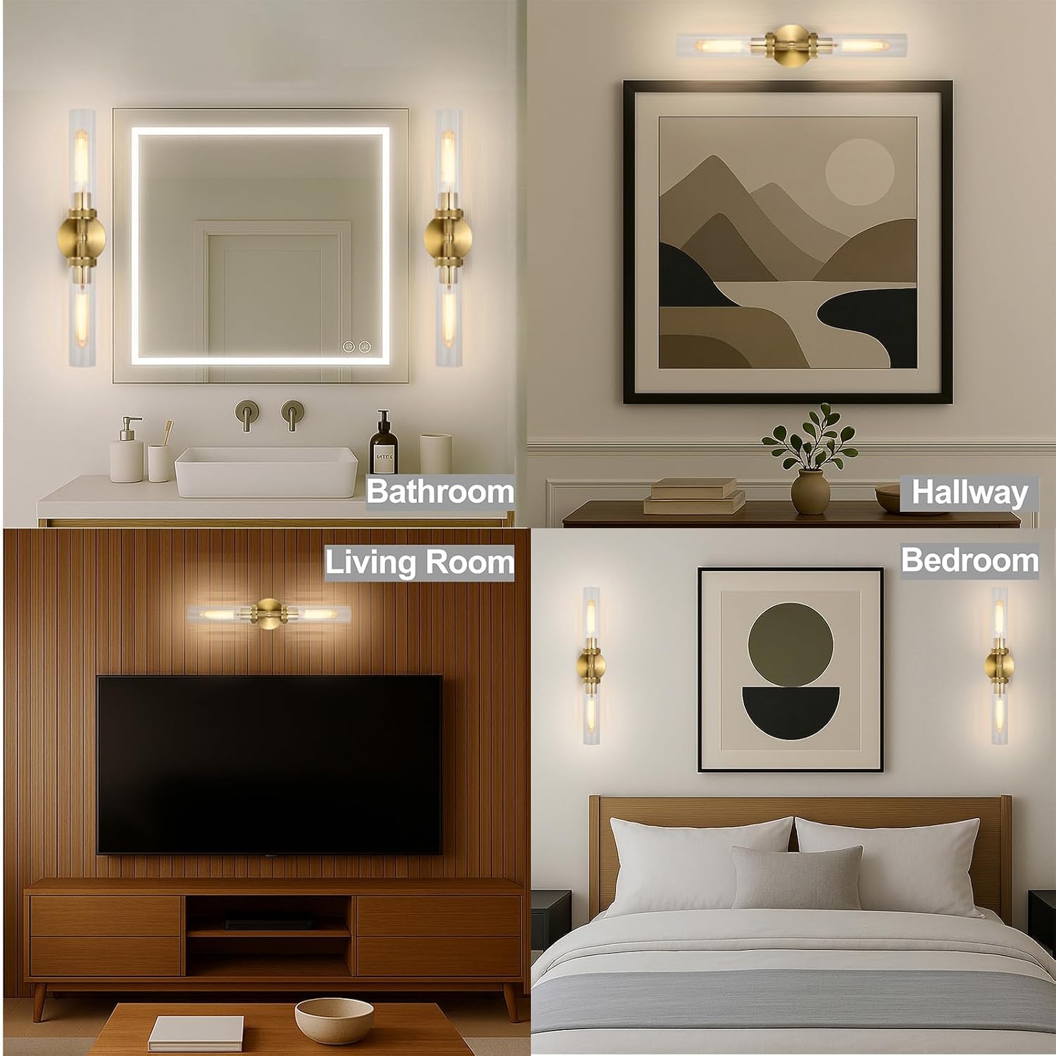 LaLuLa 2-Light Gold Bathroom Vanity Light Fixtures 2-Pack – Hardwired Wall Sconces with Rippled Glass Shades and Textured Metal Frame, Modern Vanity Lighting for Mirror, Bedroom, or Hallway, 25'