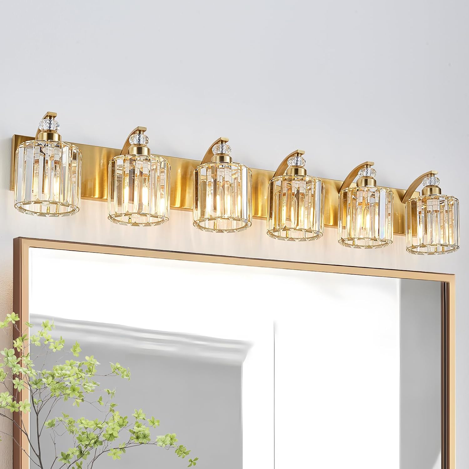 6-Lights Brushed Brass Bathroom Light Fixture Gold Vanity Lights Modern Crystal Bathroom Vanity Lighting Over Mirror Wall Sconce with K9 Crystal Shade E26 Base for Living Room, Bedroom Wall Lamp