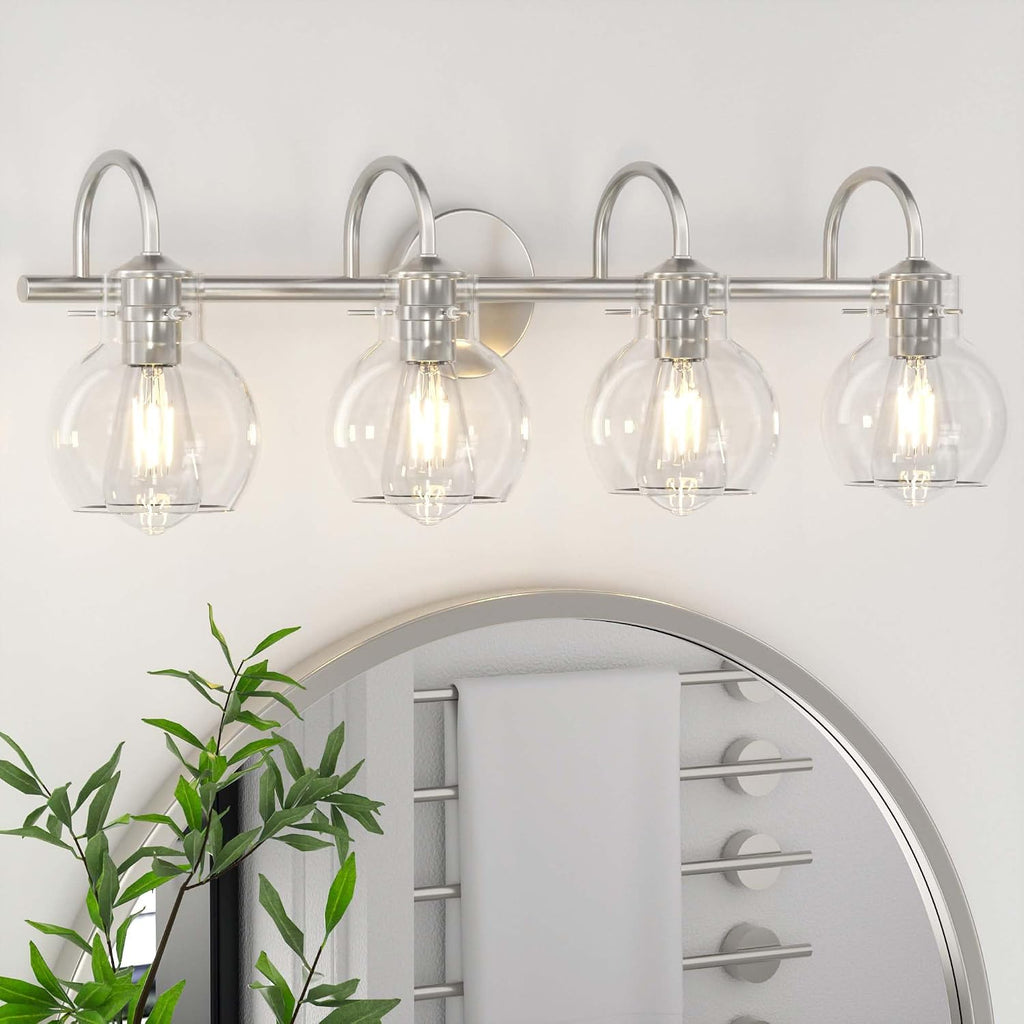 4-Light Bathroom Light Fixtures, Brushed Nickel Vanity Light, Farmhouse Wall Lights with Clear Glass Shade, Bathroom Wall Lamp for Mirror Kitchen Bedroom Hallway Living Room Hallway Cabinet
