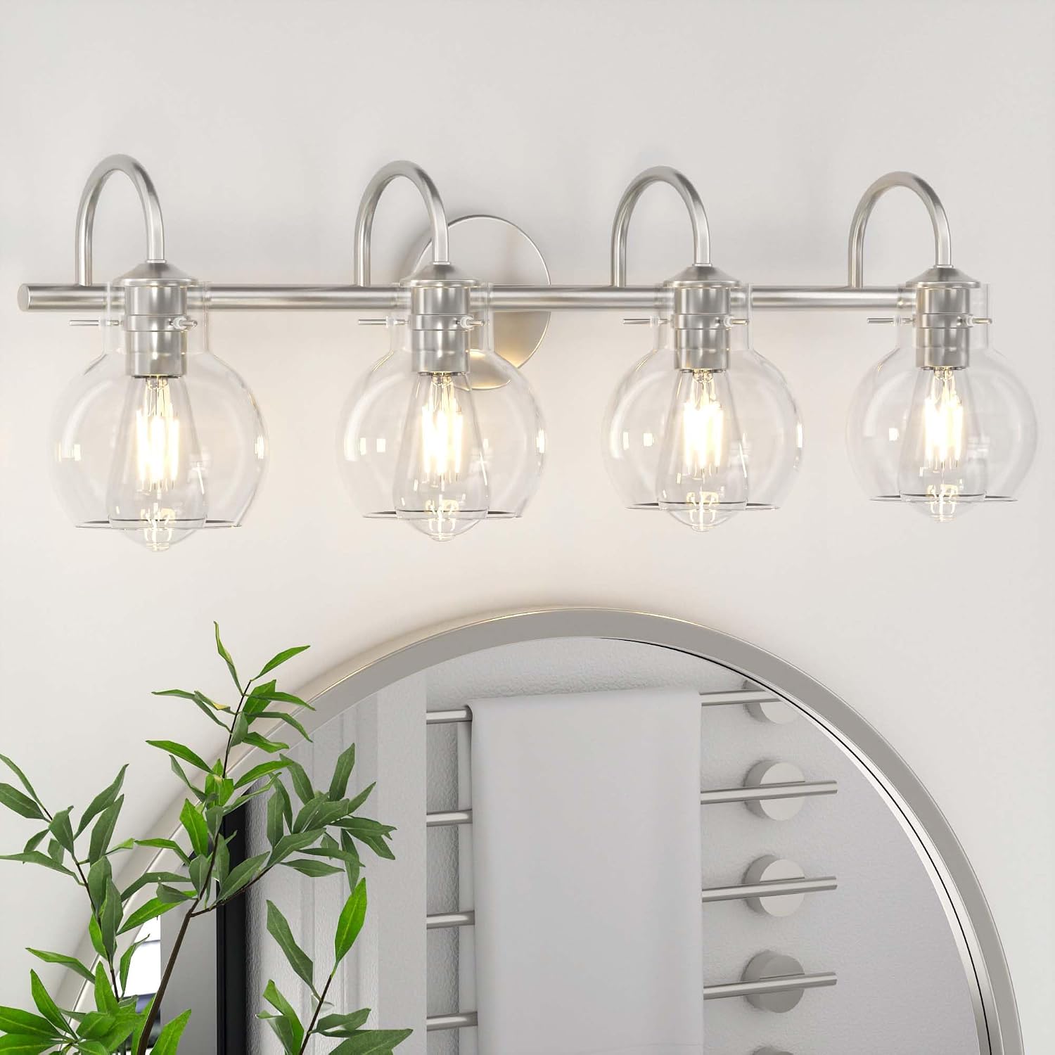 4-Light Bathroom Light Fixtures, Brushed Nickel Vanity Light, Farmhouse Wall Lights with Clear Glass Shade, Bathroom Wall Lamp for Mirror Kitchen Bedroom Hallway Living Room Hallway Cabinet
